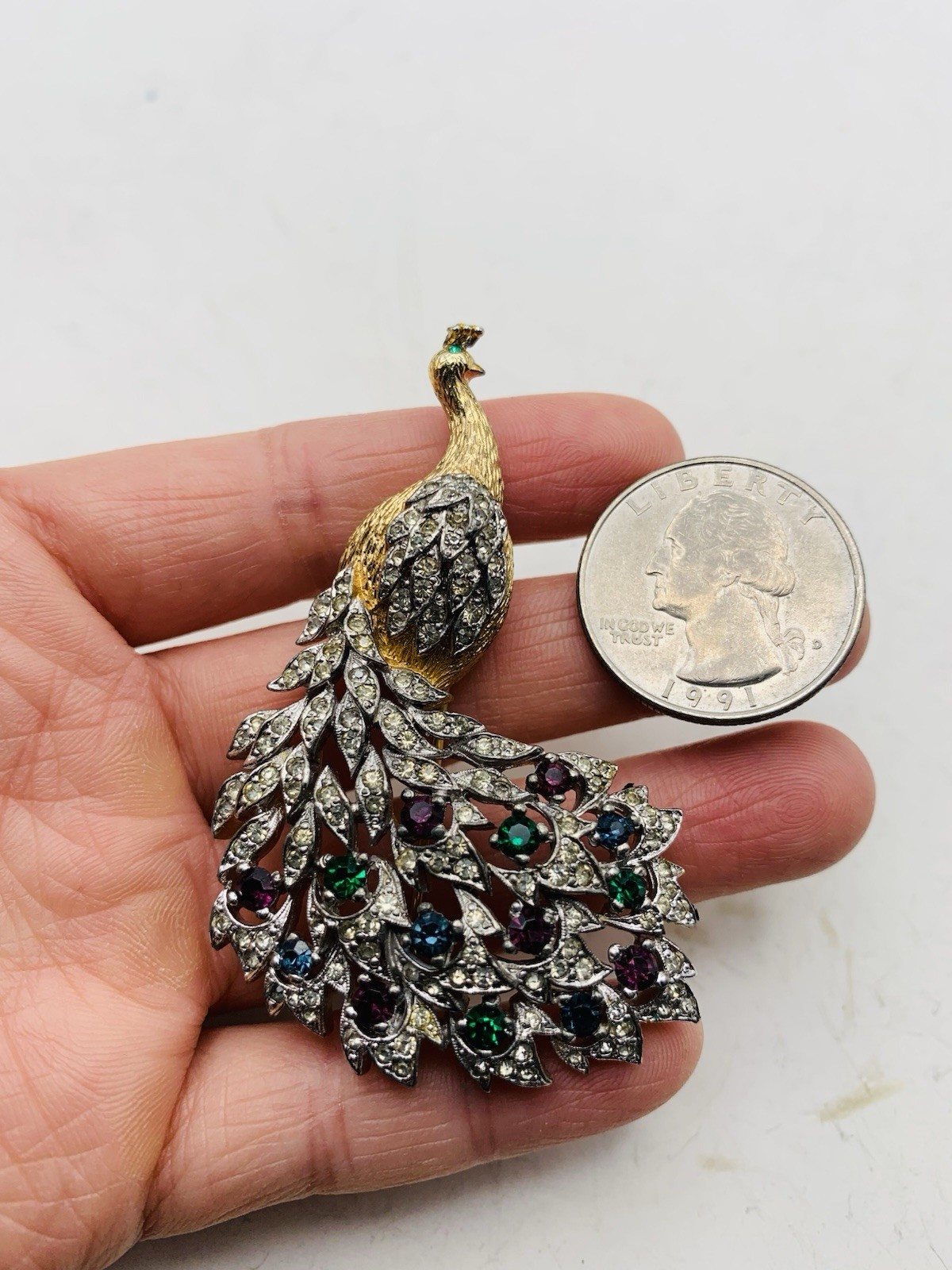 Vintage Signed Panetta Peacock Bird Crystal Gold Tone Blue Purple Green Brooch