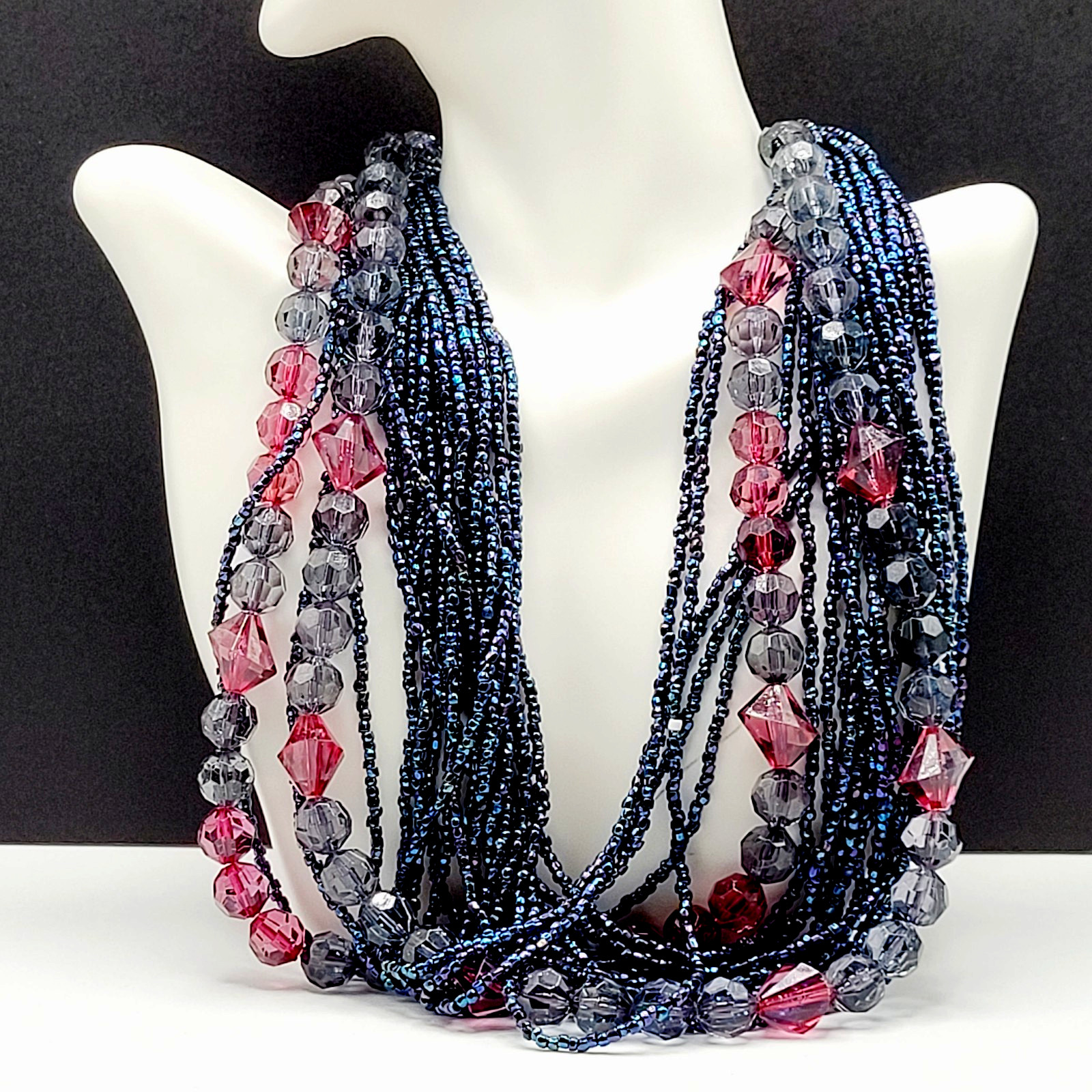 Purple and Deep Blue Iridescent Twist Multi Strand Glass Beaded Vintage Necklace