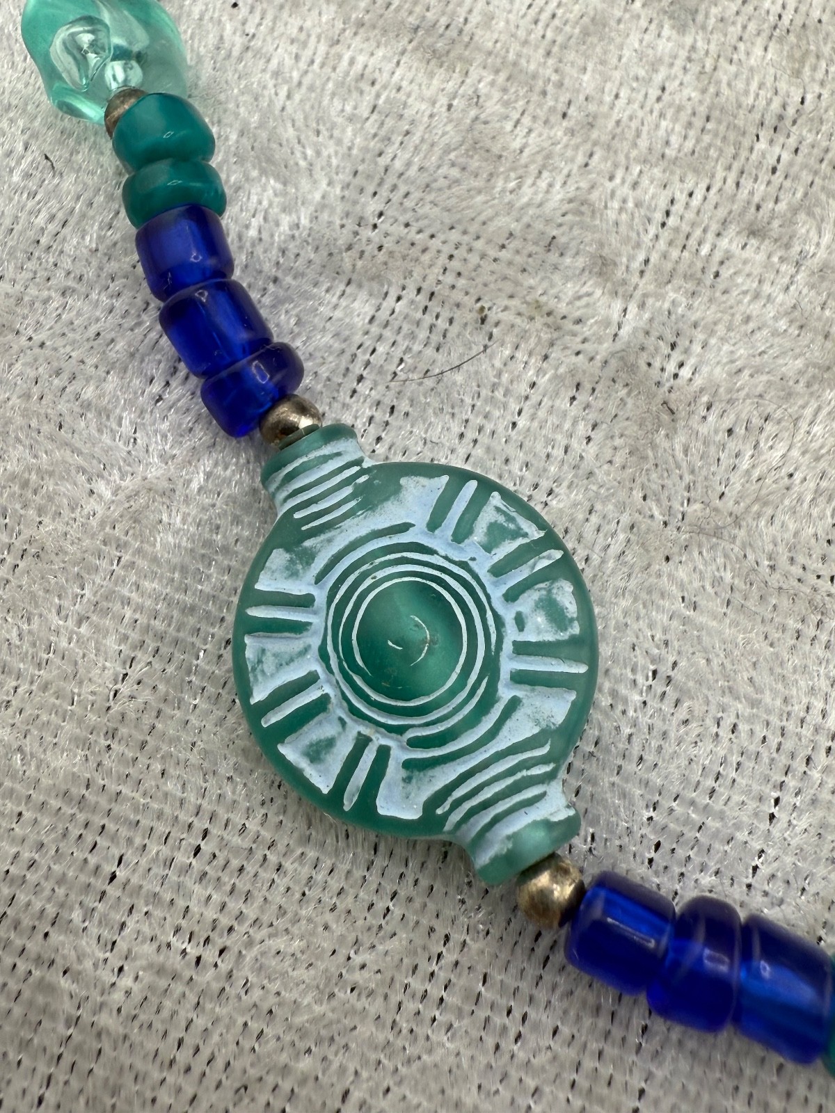 Vintage Lucite Necklace Blue Tones Green Opera Flapper Tropical 36”