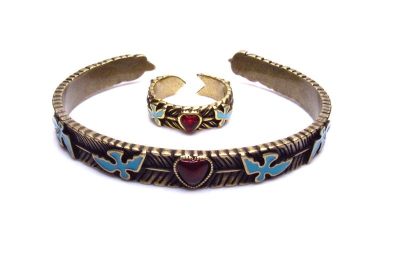 Garnet Silver Enamel Ring Bracelet SET Birds Hearts
