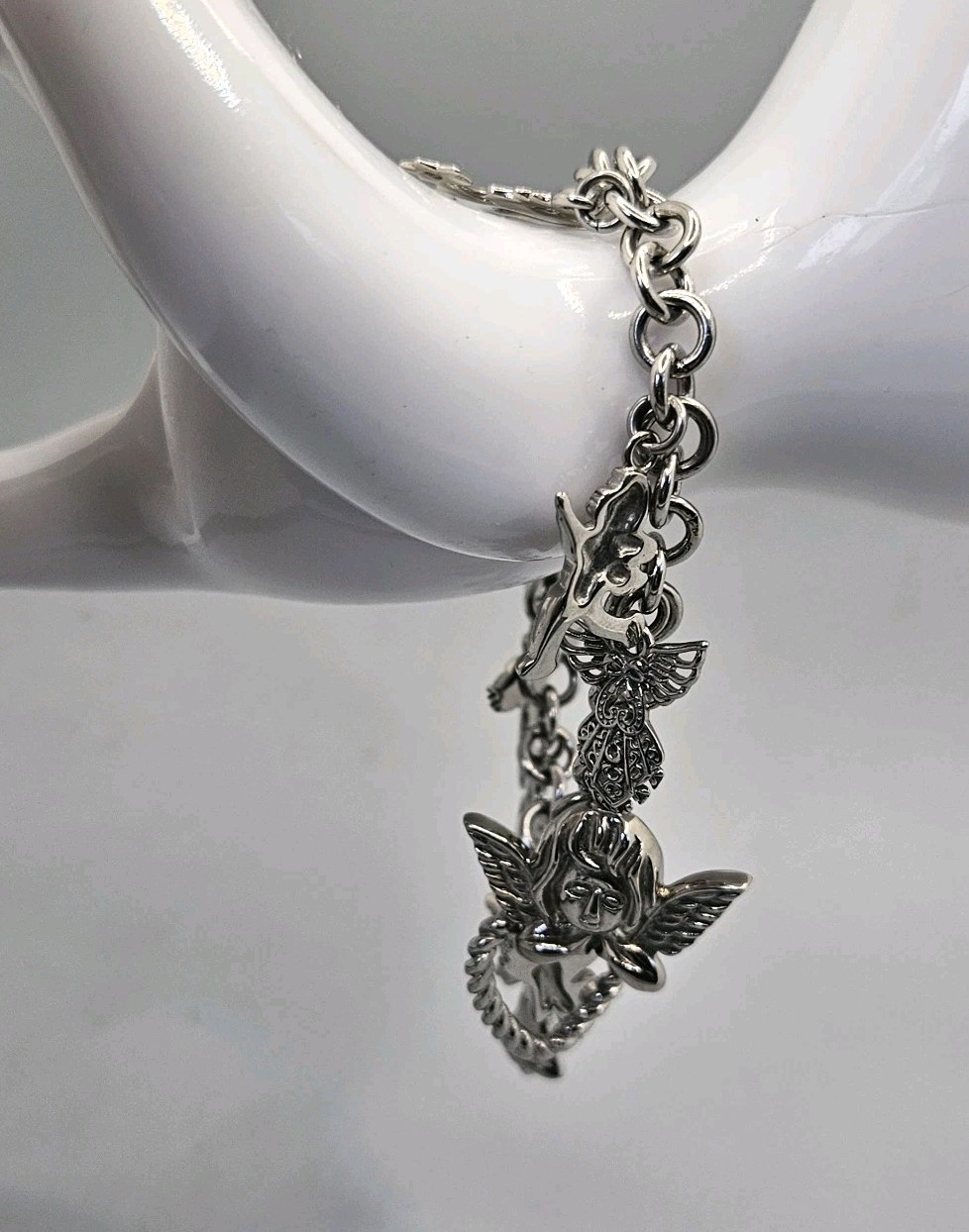 Milor Charm Bracelet Guardian Angel Cherub Stainless Steel Silver Tone 7″ Chain