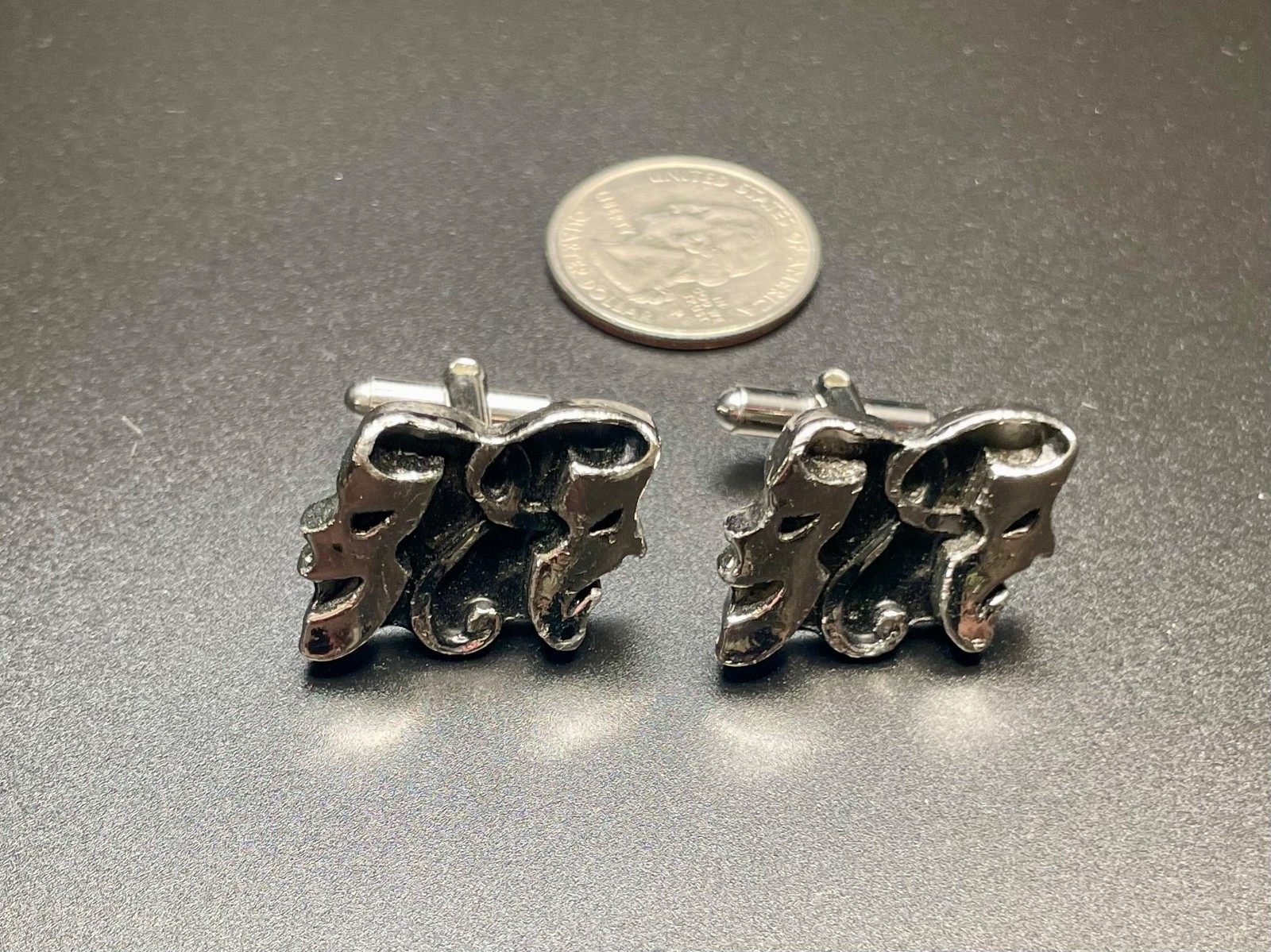 Vintage Theatrical Comedy Tragedy Mask Cufflinks Sculptural Silver Tone MCM