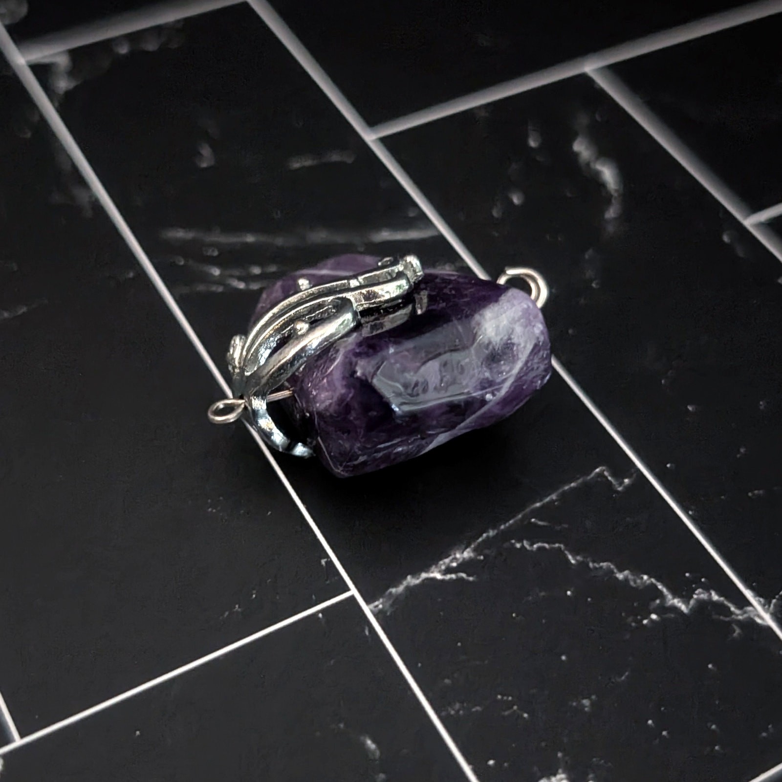 Vintage Pendant Raw Purple Stone with Silver Tone Accent – No Chain Included