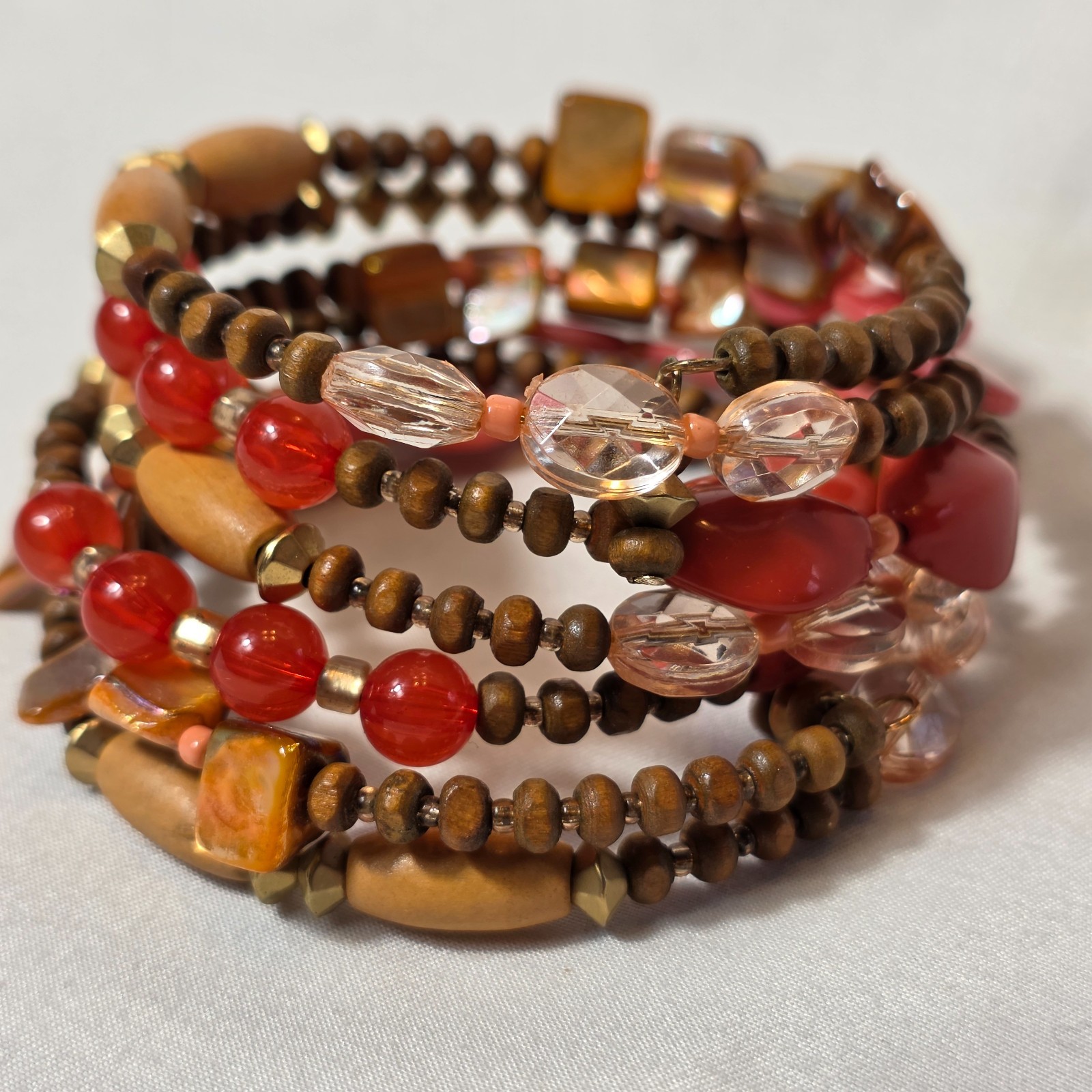 Bohemian-Style Multi-Strand Wrap Bracelet Warm Earthy Tones Wood & Glass Beads