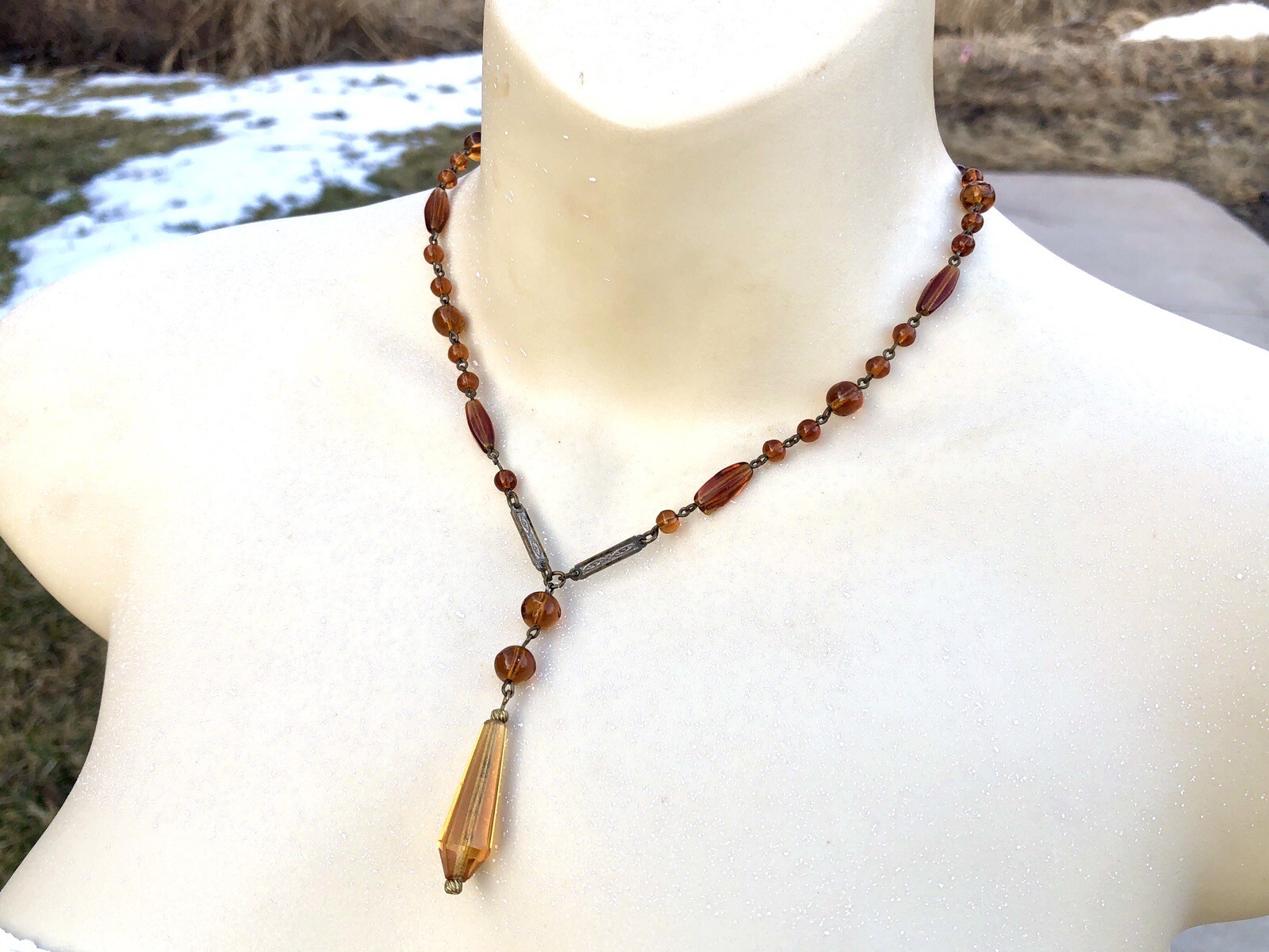 Vintage Art Deco Amber Glass Lariat Necklace With Teardrop Amber Drop