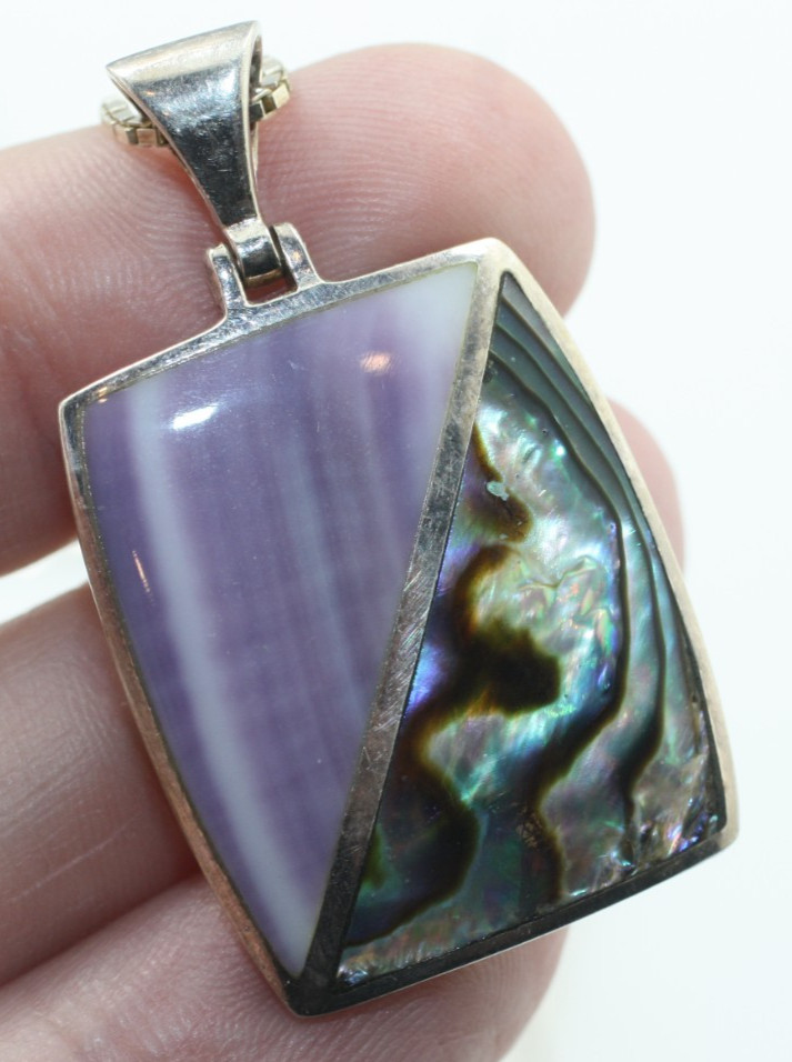 Purple stone & abalone shell pendant 925 Sterling Silver chain 20” Necklace