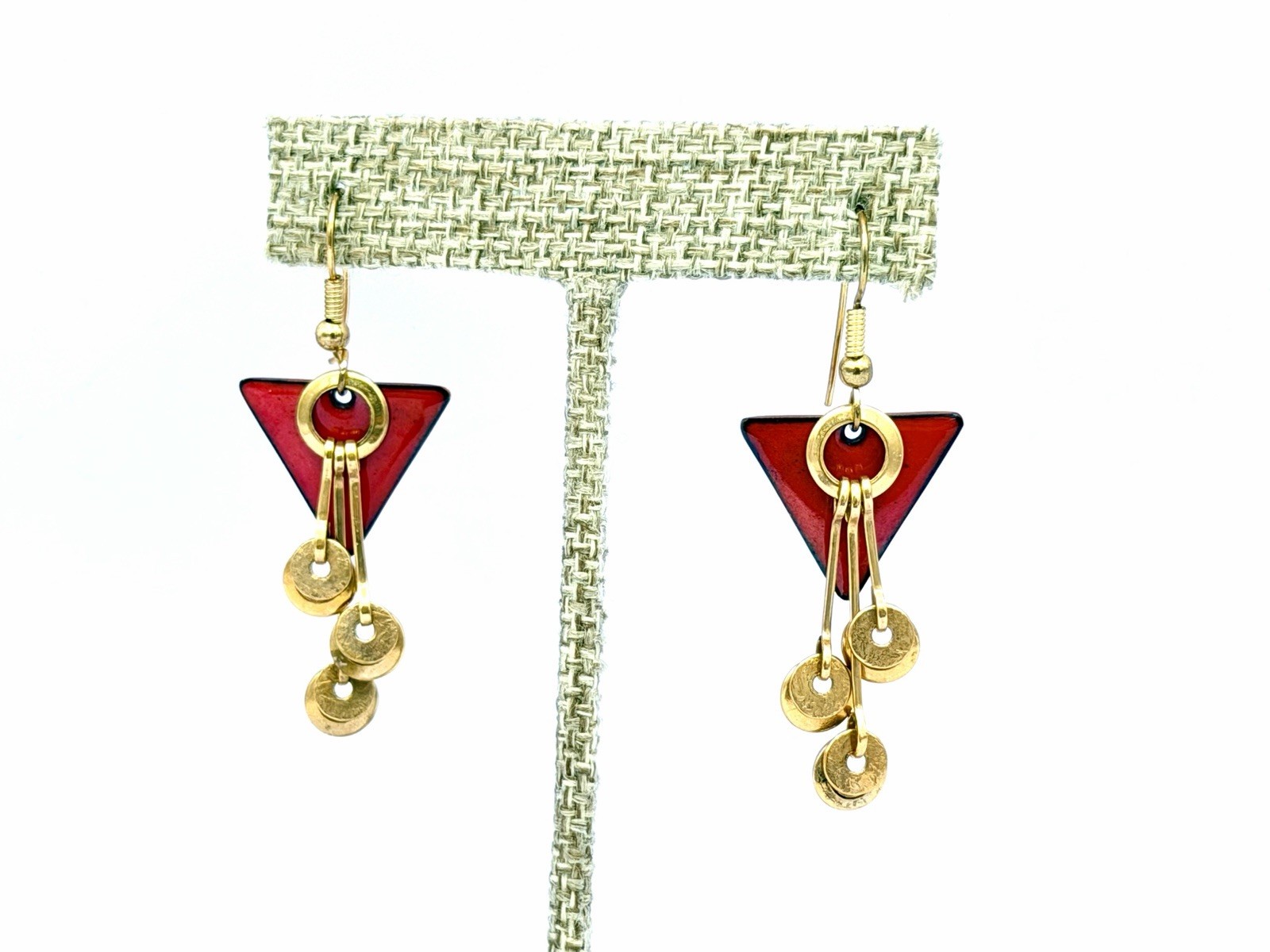 Vintage Artisan Geometric Open Circles Gold Red Triangle Earrings 1980s DbG M