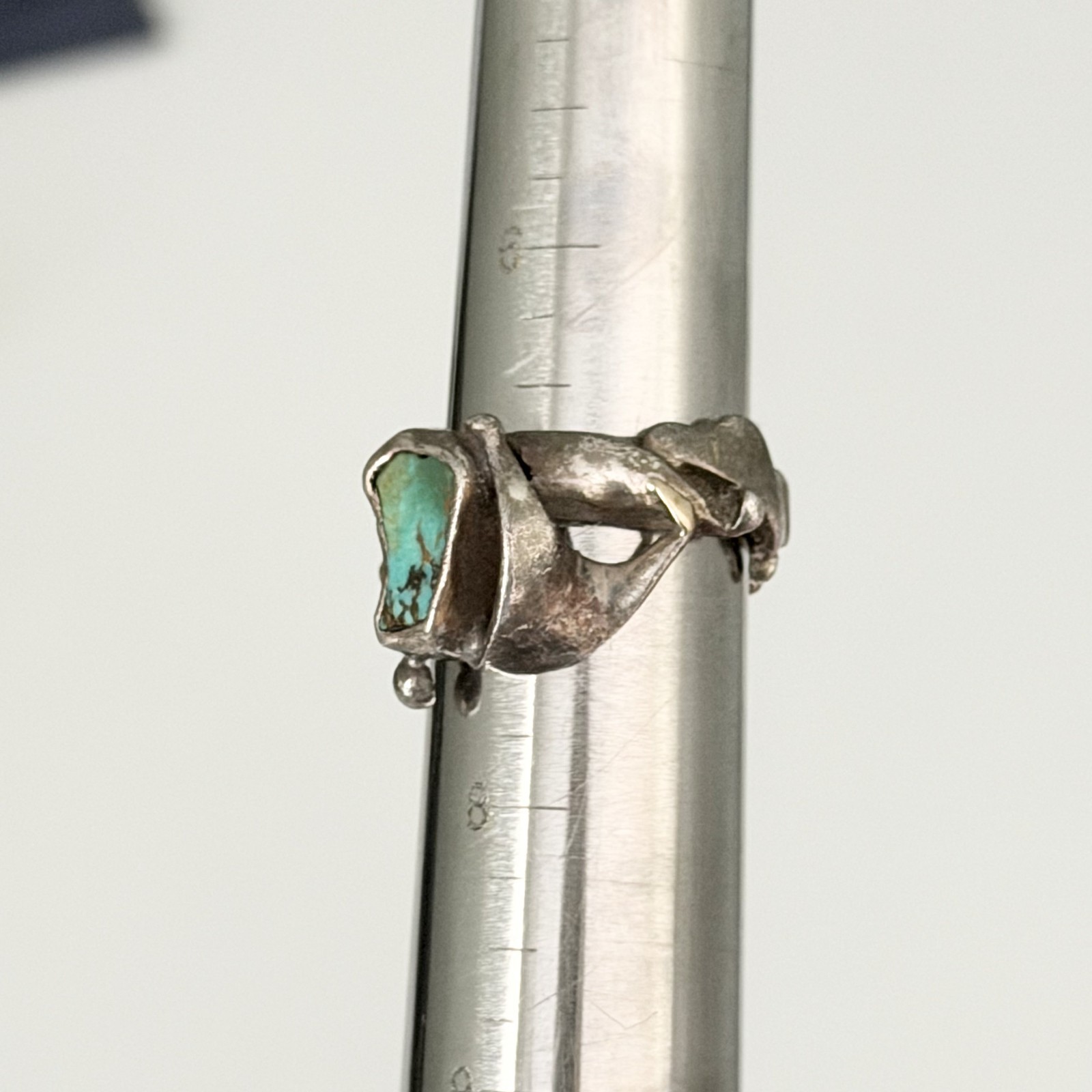Vintage Brutalist Sterling Silver Turquoise Unique Modernist Ring Size 7