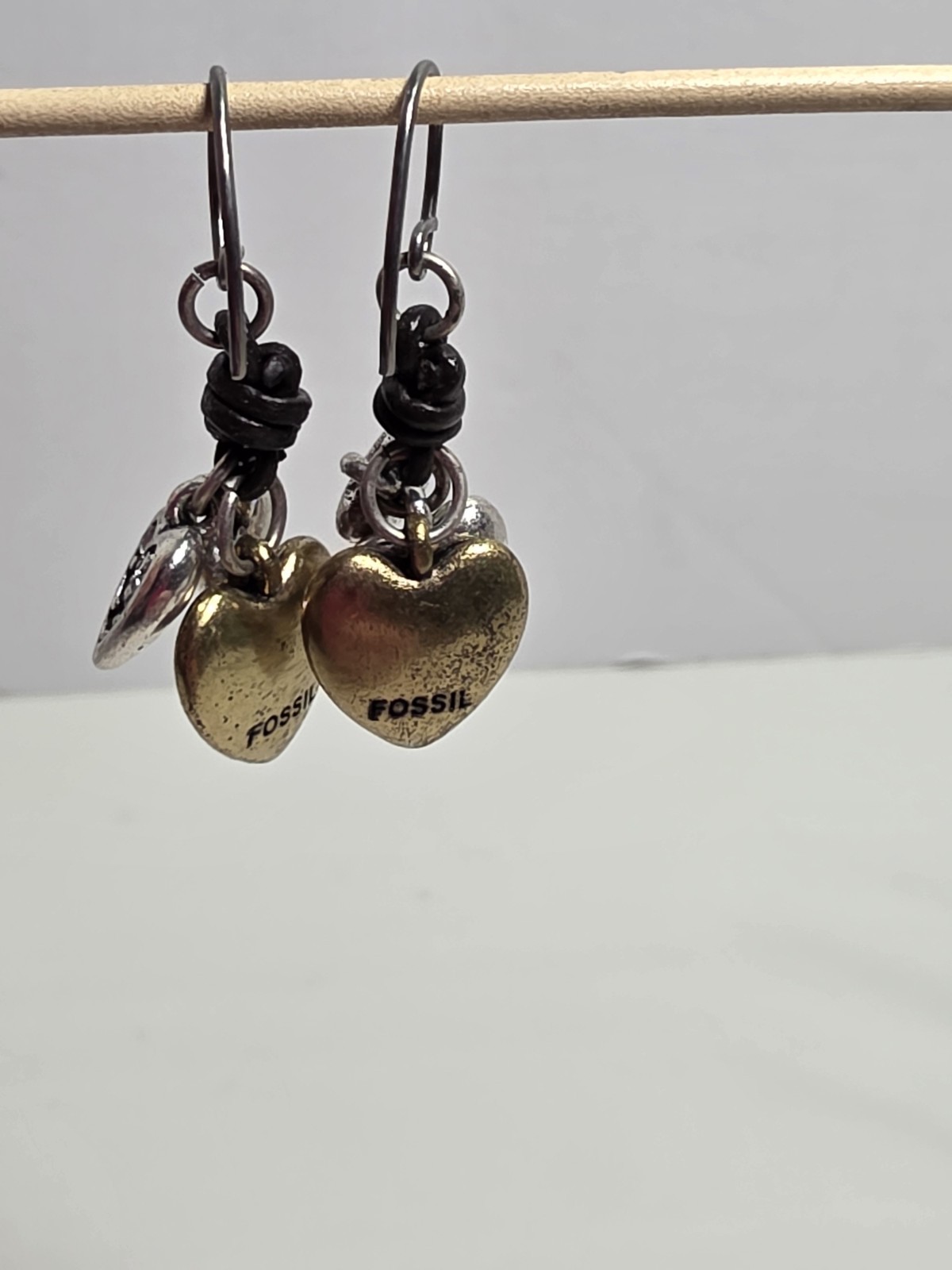 Vintage “Fossil” Two Tone Heart Dangle Pierced Earrings, about 1 inch dangle