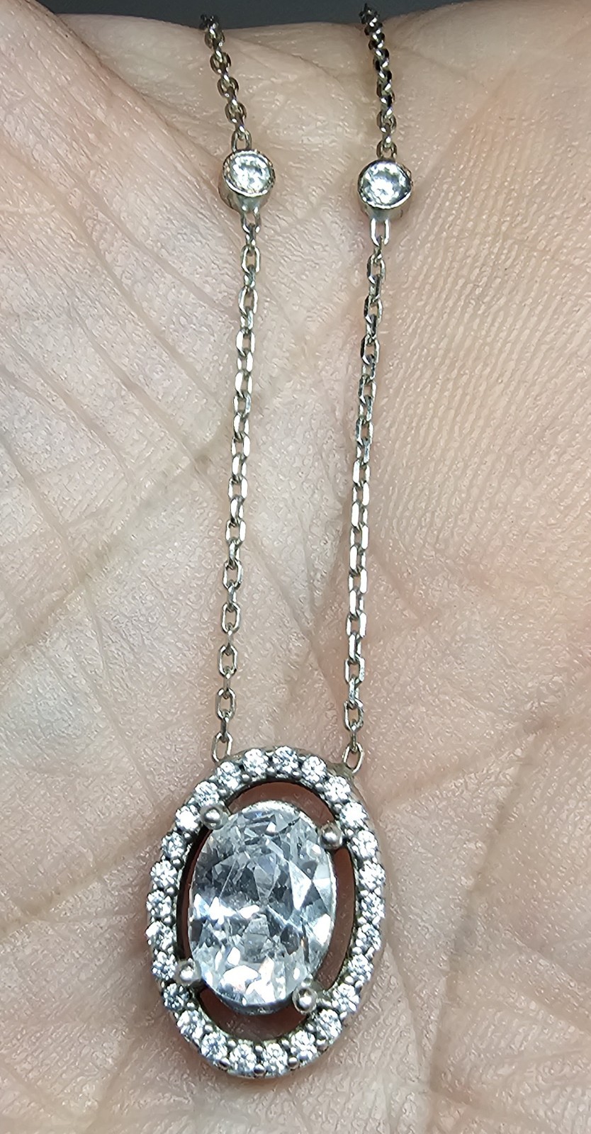 925 Sterling Silver Turkey Oval Halo CZ Necklace Station Chain Dainty Pendant