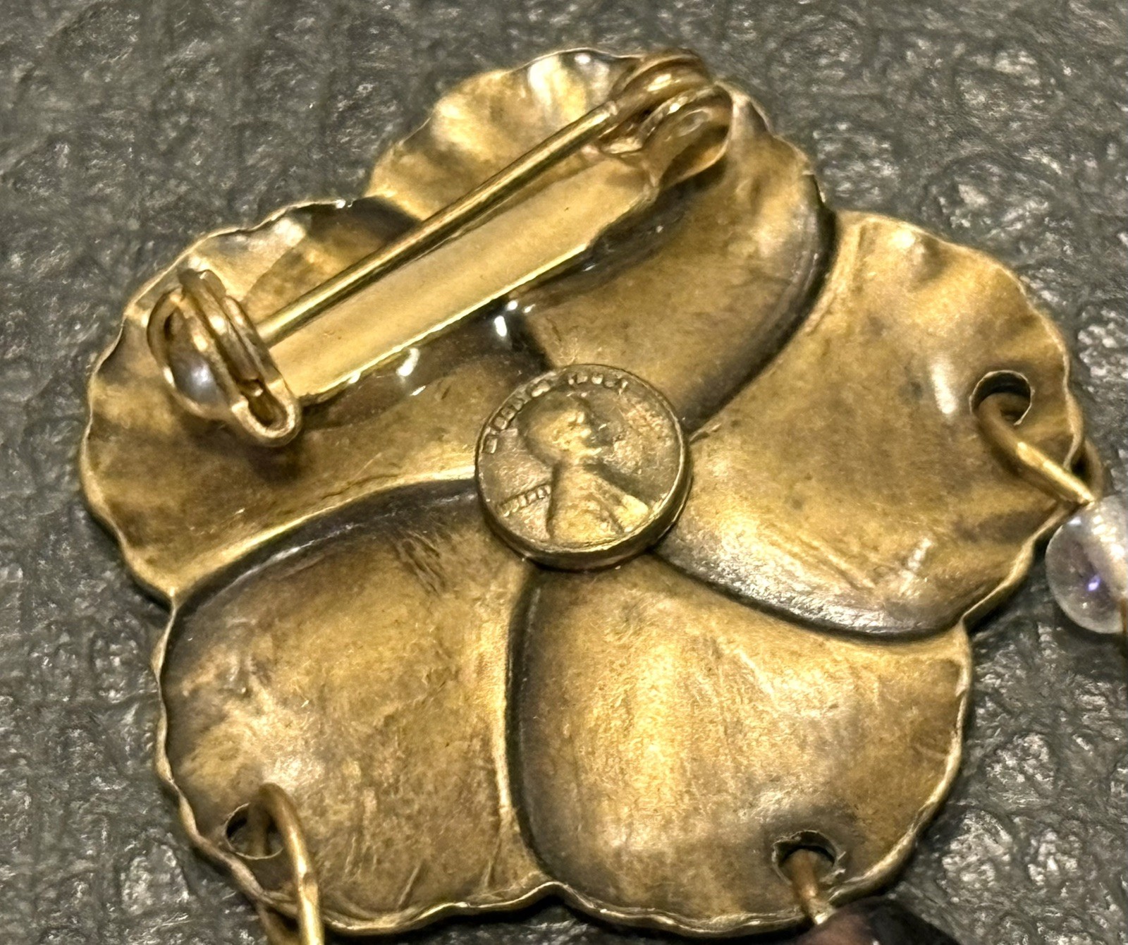 Vintage Pansy Brooch Garden Tools Dangle Flower Basket Gold Tone Rhinestones
