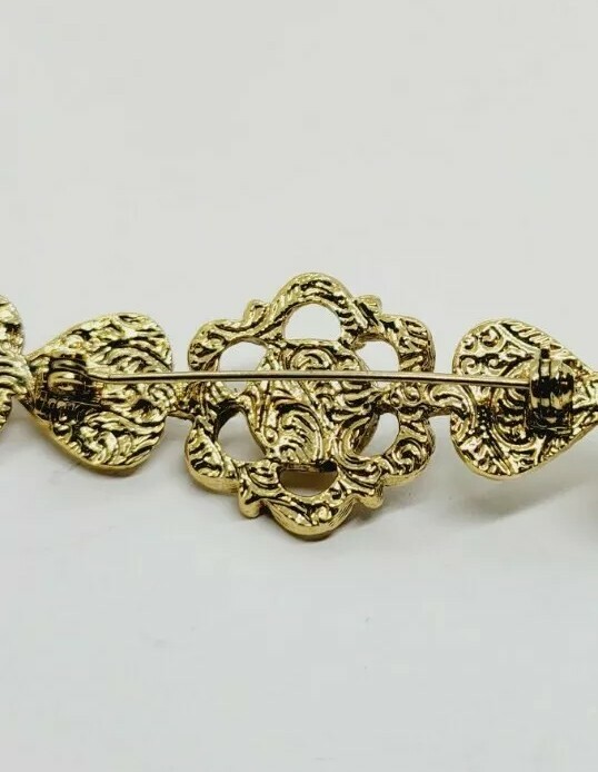 Victorian Faux Pearl Scrolled Hearts Floral Bar Brooch Gold Tone Vintage