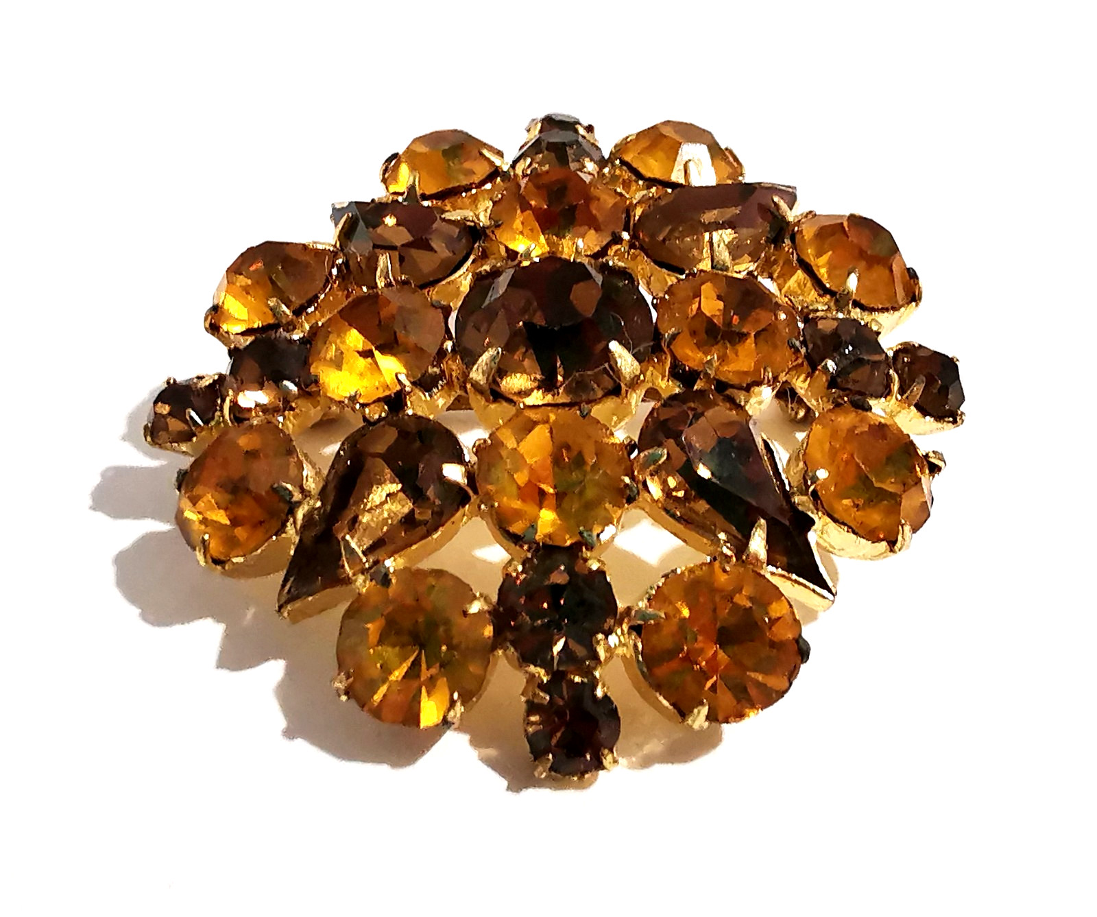 Vintage Czech Brooch Yellow and Broun Faceted Glass Gilded Metal Pin Handmade