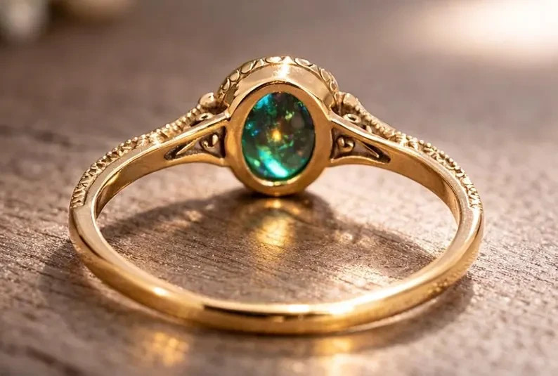 Black Opal Ring Vintage Gold Tone Oval Opal Engagement Promise Ring Women