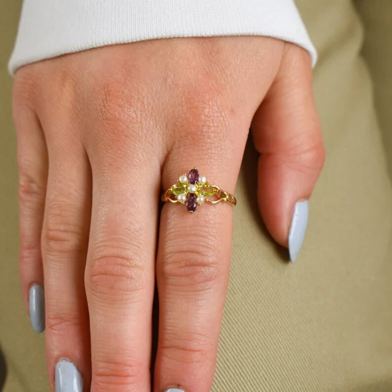 Suffragette Cluster Ring Natural Peridot Amethyst Pearl 14k Yellow Gold Finish