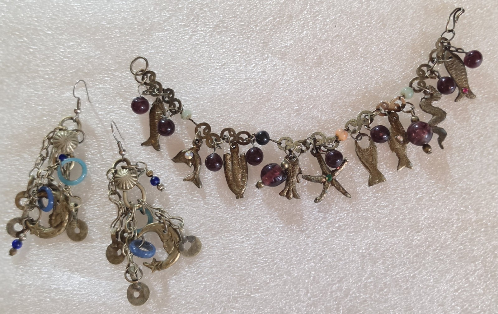Vintage Folk Art Figural Charm Bracelet & Drop Dangle Pierced Earrings