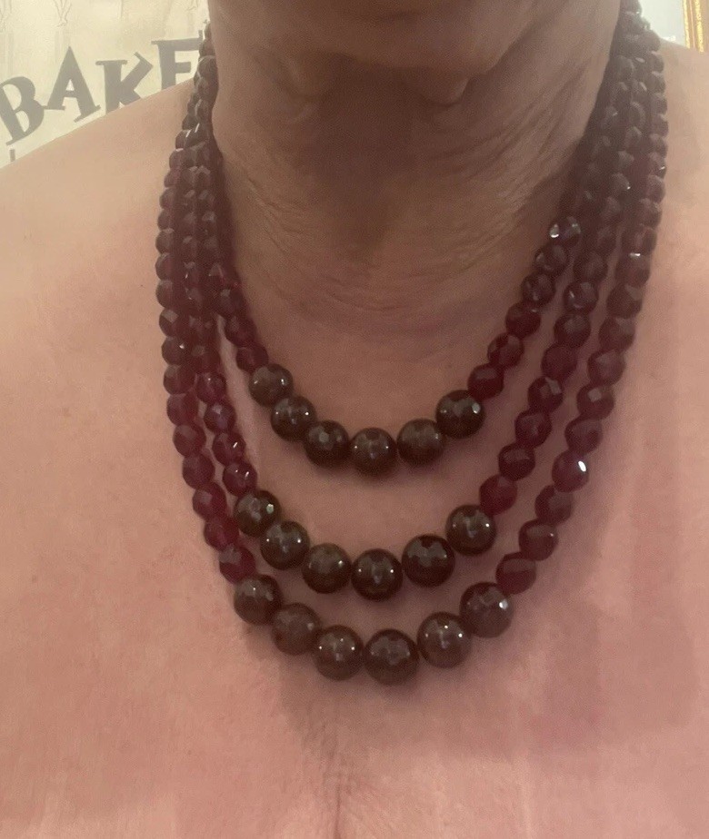 Retro Bordeaux Garnet Czech Fire Polished Faceted Crystal Bead 3-Strand Necklace