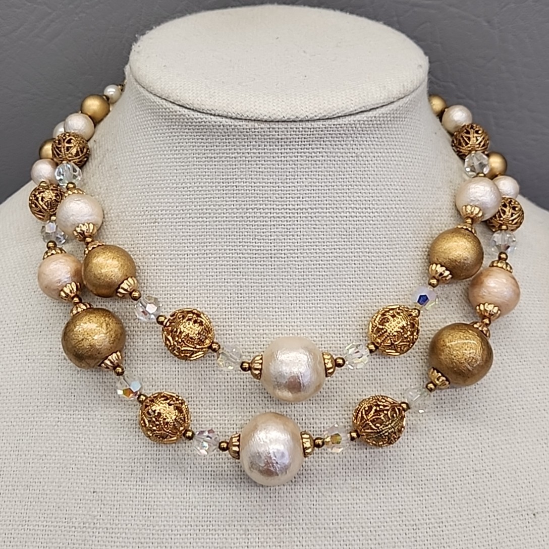 Vintage Beaded Necklace AB Cream Gold Tone Filigree Balls Layered 16″