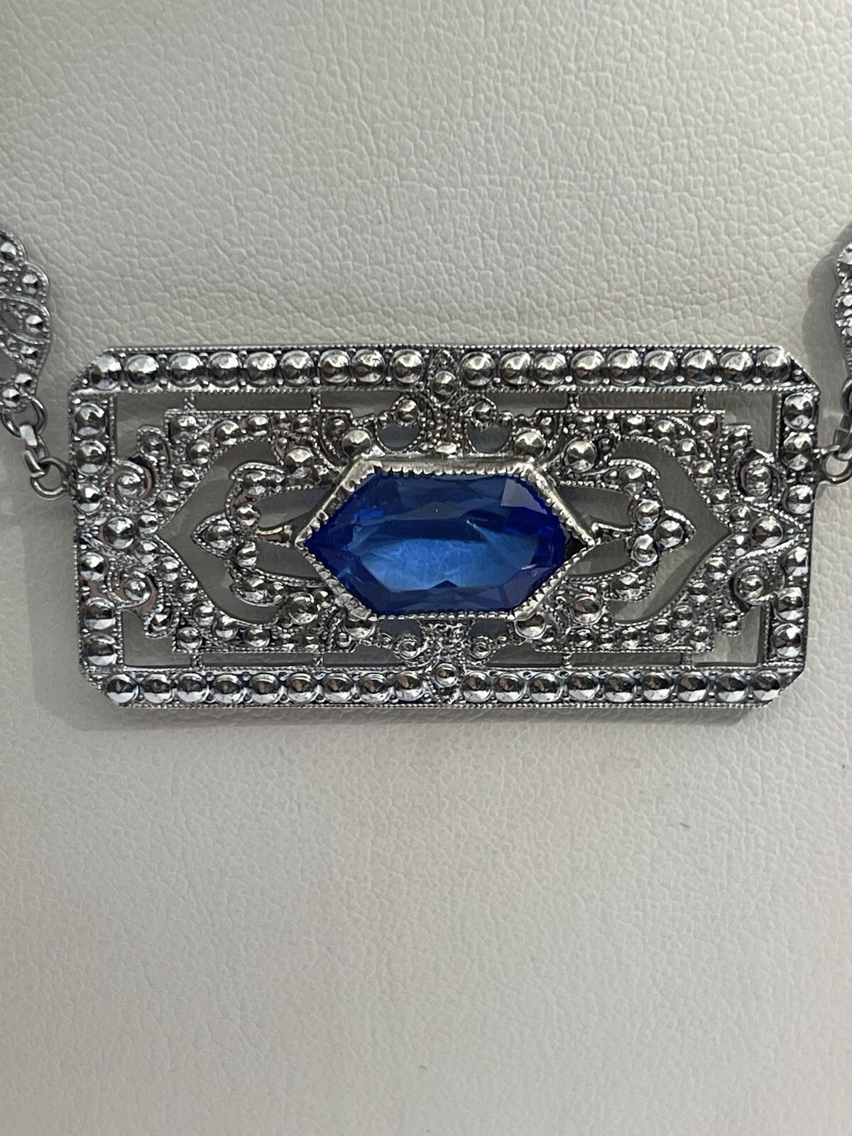 Antique Art Deco Blue Lozenge Shape Plaque Rhodium Plated Sterling Necklace