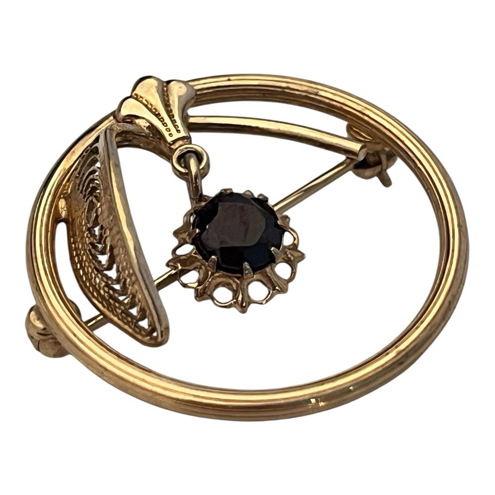 Vintage 1940s Garnet Drop Circle Brooch 14K Gold Overlay Pin – 7S