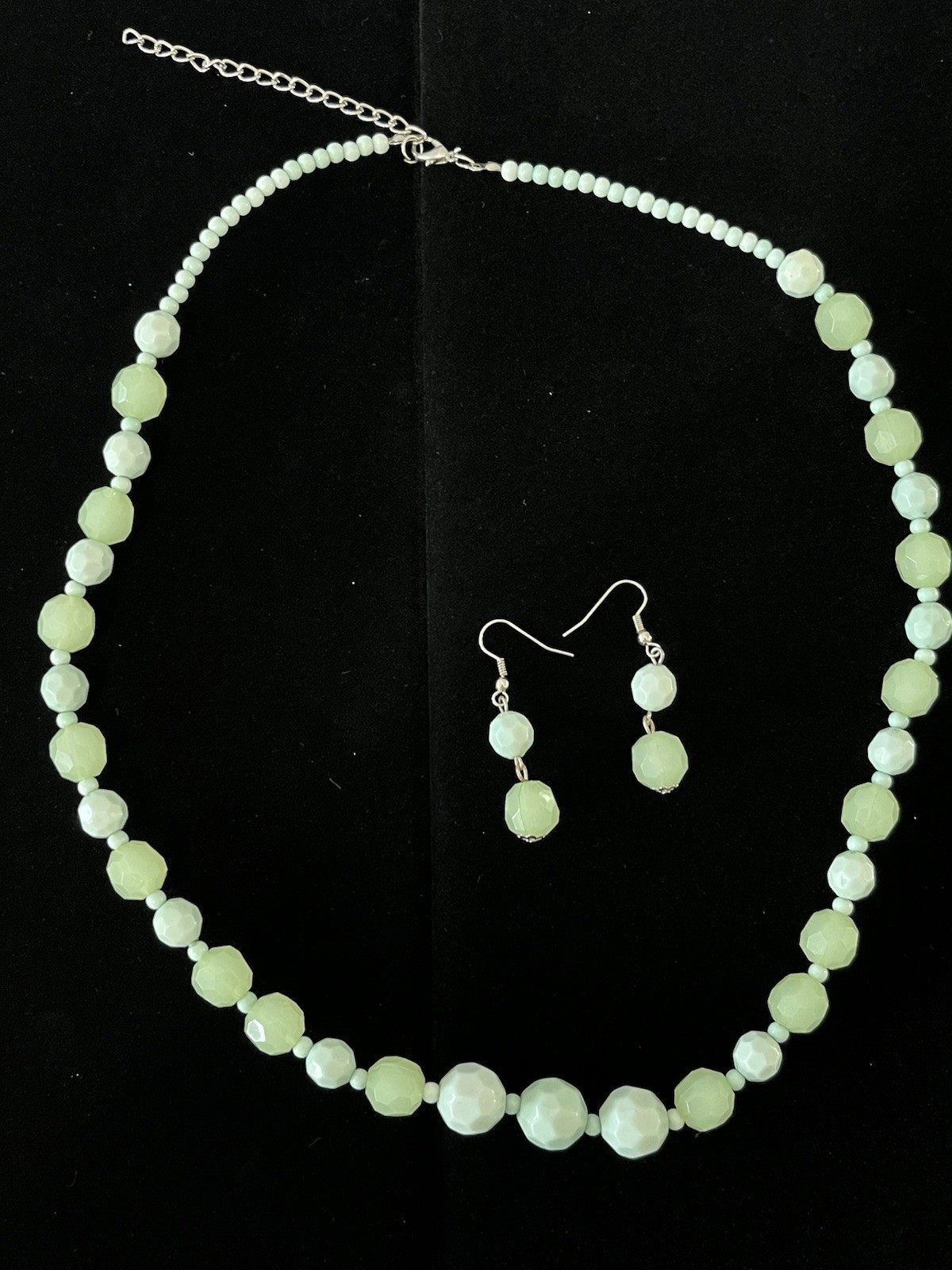 Vintage Light Green Beaded Statement Necklace & Pierced Earrings