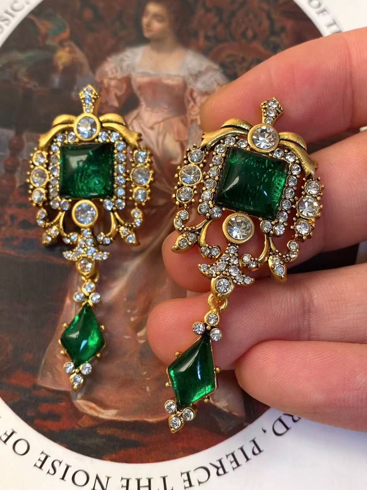 Vintage Emerald Green Crystal Drop Earrings Gold Baroque Statement Earrings