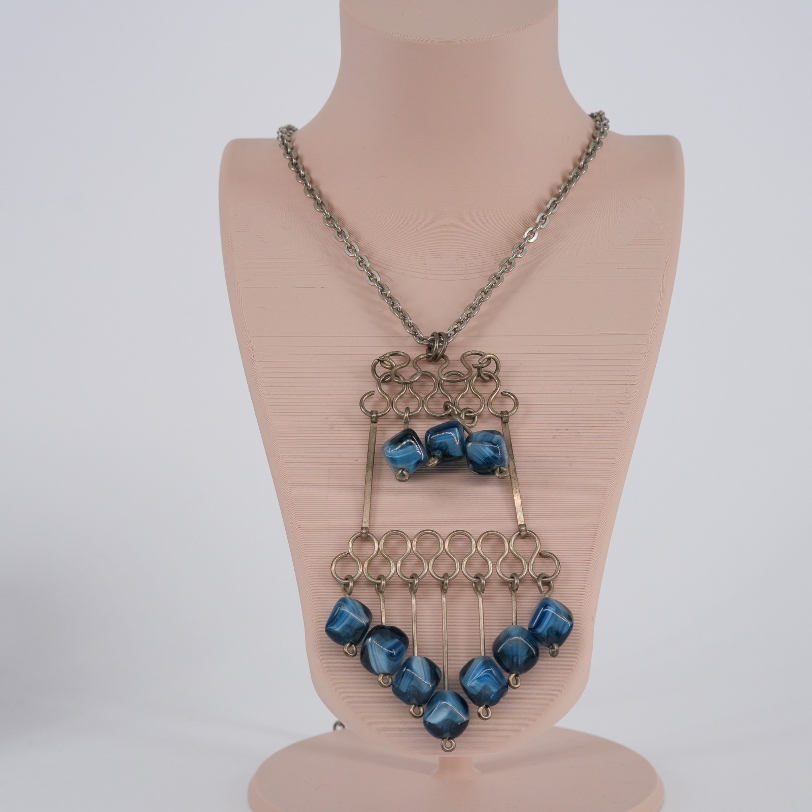 Wire Pendant Statement Necklace Blue Porphyry Glass beaded Drop 1970s VTG | 26″