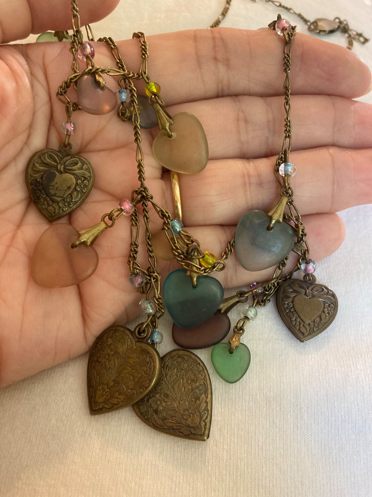 Glass Works Studio Marked Vintage Necklace with Heart Charms and Beads