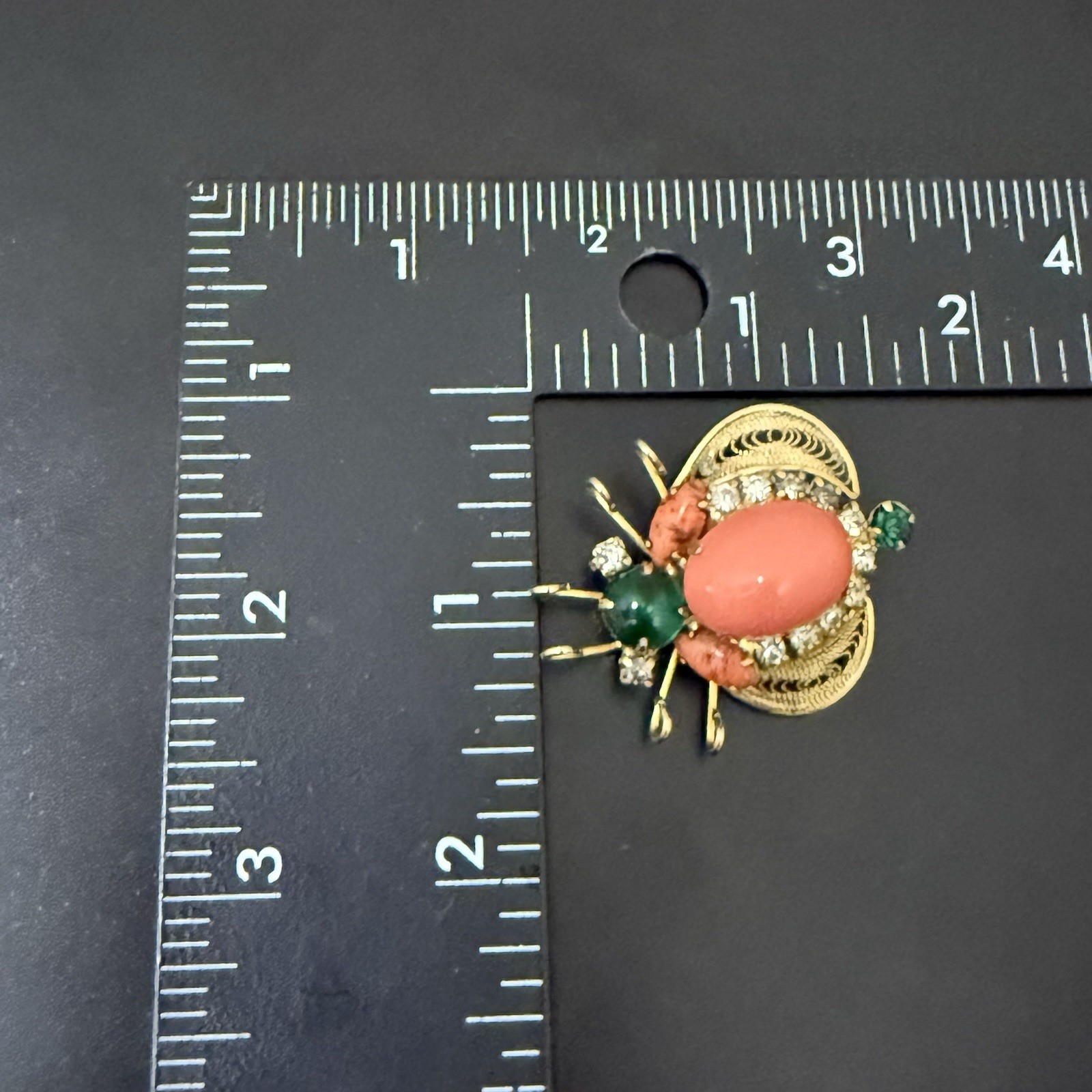 Rare Juliana Delizza & Elster Faux Coral Cabochon Rhinestones Beetle Bug Brooch
