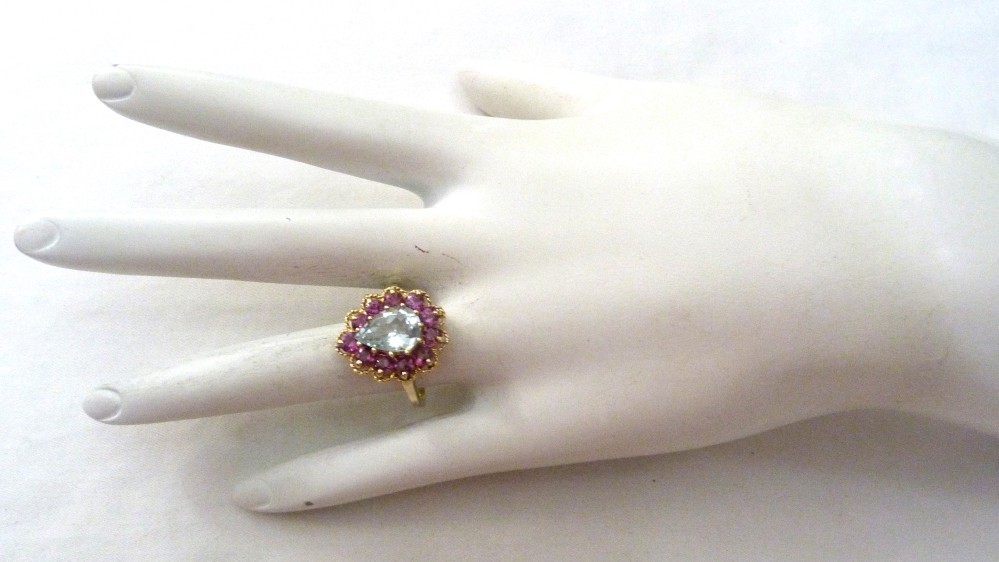 DESIGNER MEI 10K YELLOW GOLD 4.3CTTW PEAR AQUAMARINE RHODOLITE GARNET RING 7.5