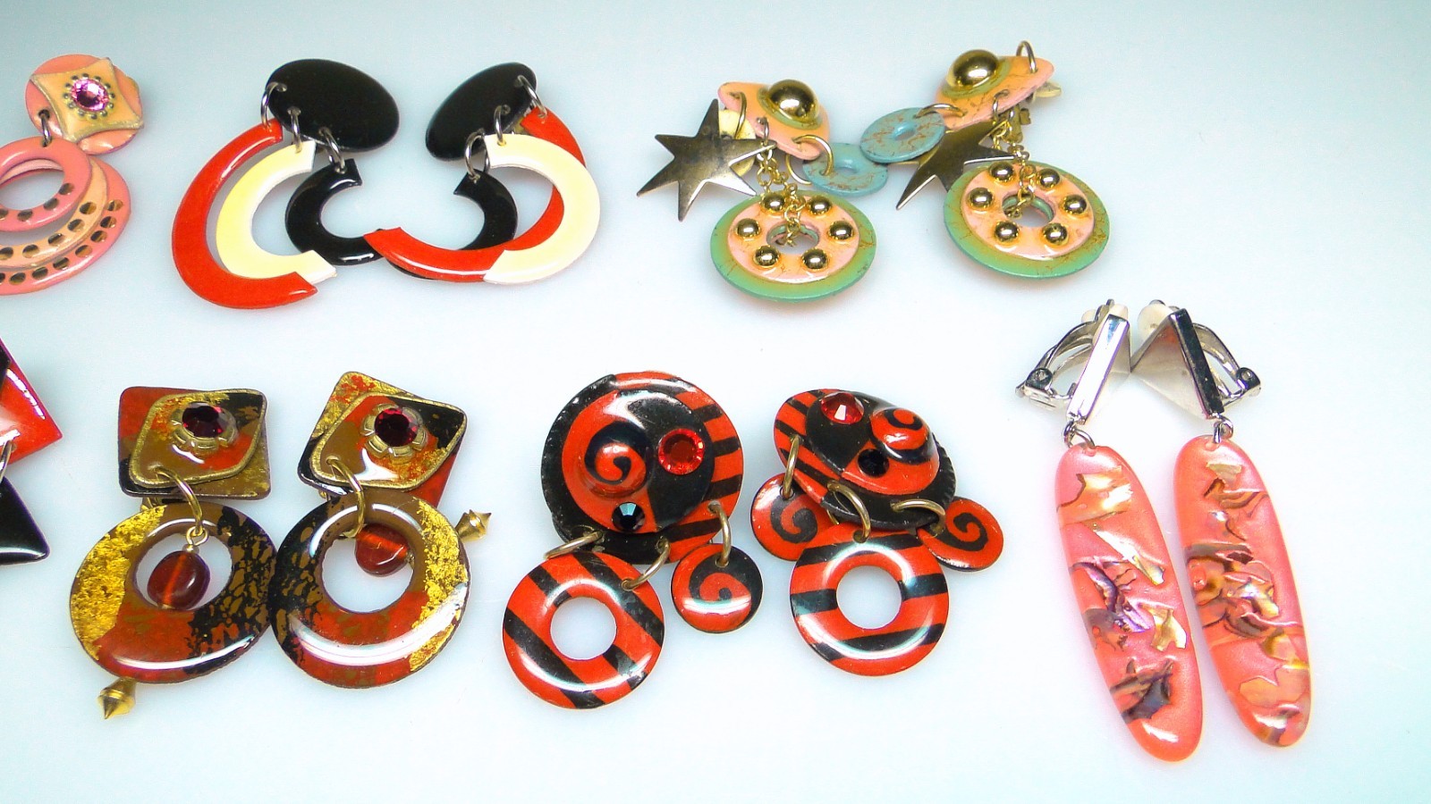 Vintage Lot MAM Designs 80s 90s Statement Earrings 7pr Red Pink Big Hoop Dangle
