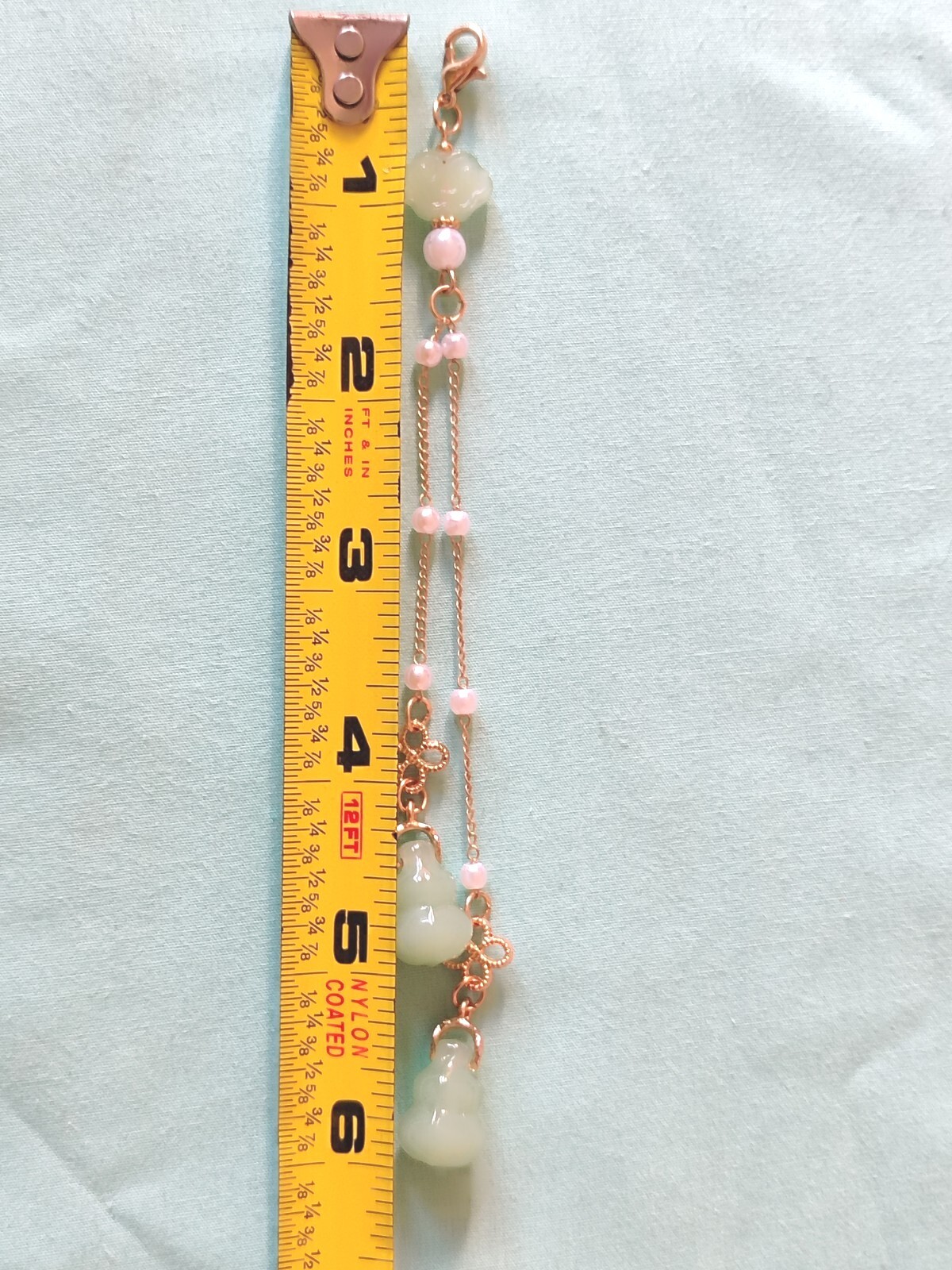 Asian Style Dangle Charm Faux Jade Glass Pearl Gold Tone Double Strand Kimono