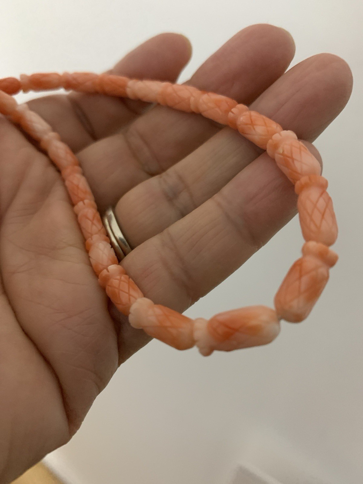 Vintage Carved Genuine Pineapple Carved Coral Bead Necklace Barrel Clasp