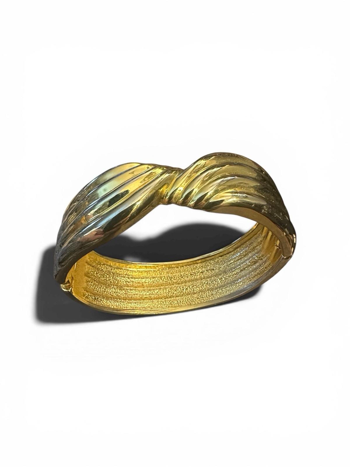 Vintage Gold Tone Bangle Bracelet Ribbed Twist Spring Hinge Open Close