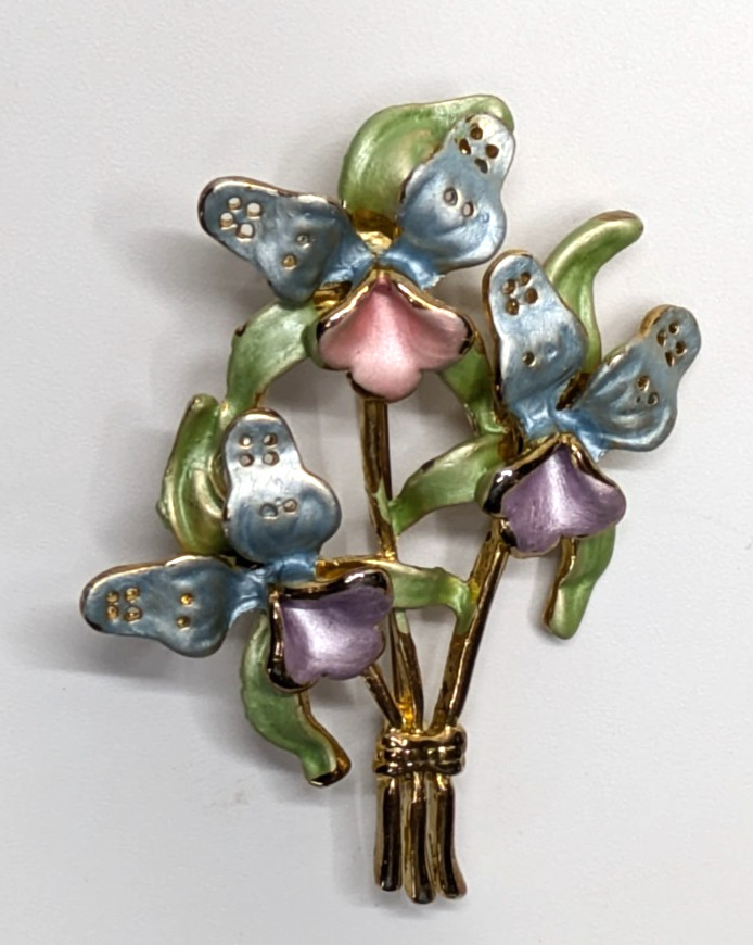 VTG Pink Purple Blue Enamel Orchid Flower Gold Tone Bouquet Brooch Pin 2.25″