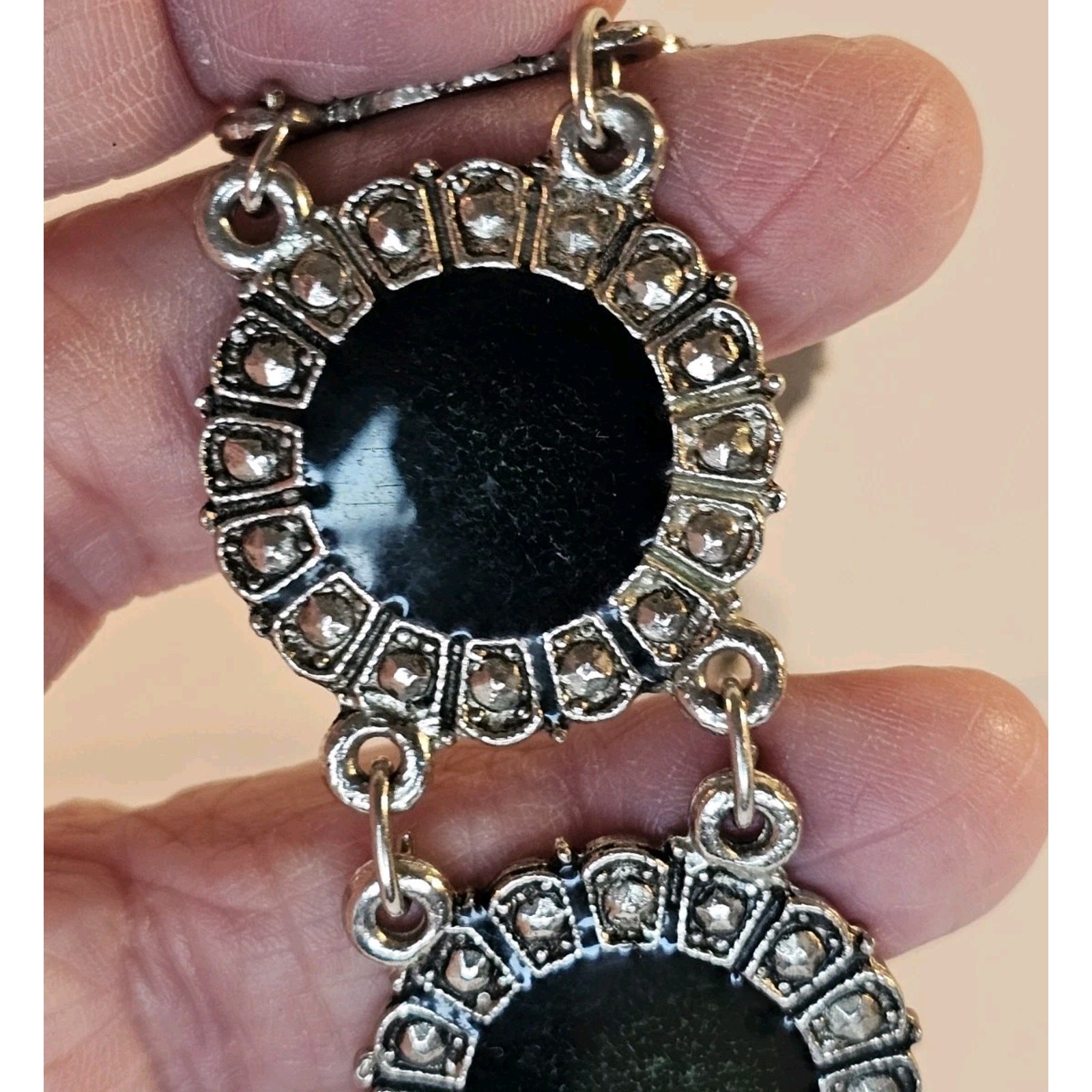 Vintage Souvenir Du Maroc Ornate Silver Bracelet w/Black Circles 8-9″