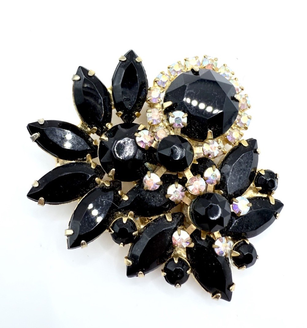 JULIANA Delizza & Elster Black and AB Rhinestone Brooch Vintage Jewelry