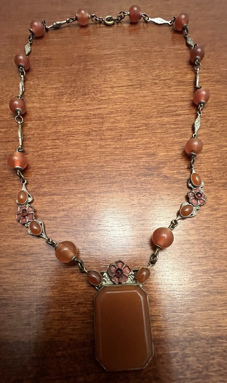 Vintage CZECH Faux Carnelian Glass Enamel Floral Station Pendant Necklace Signed