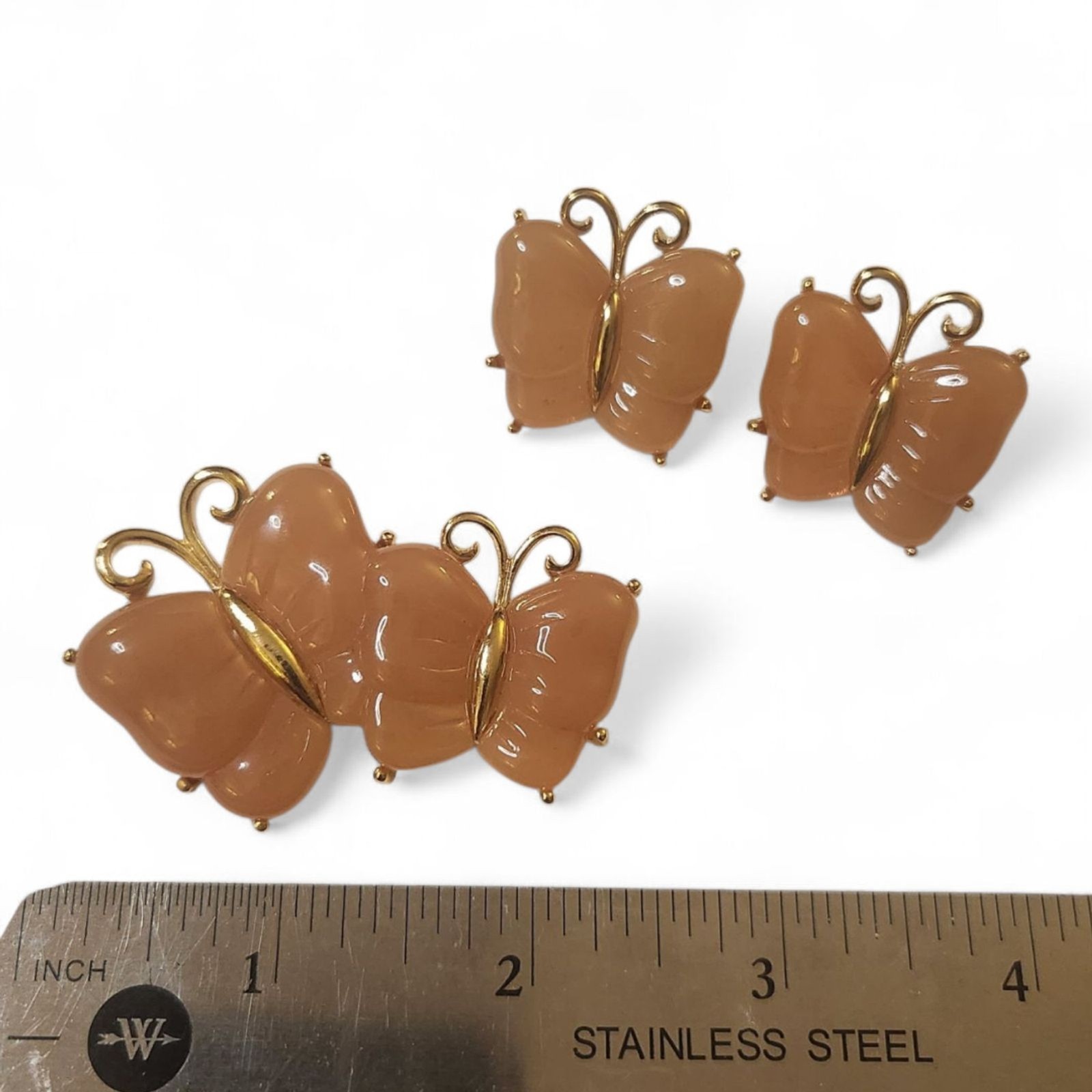 Vintage 1950s Butterfly Post Earrings & Brooch Set Pink Peach Gold Tone Jewelry