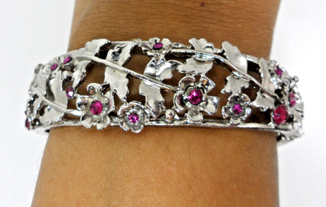 Hinged Bangle Bracelet Rhinestone Vining Flower Stems Open Work Cottage Core Vtg