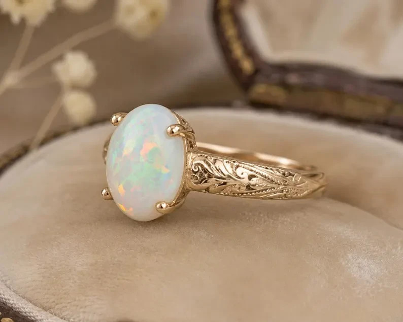 Natural Ethiopian Opal Ring Vintage Engraved Ring 925 Sterling Silver Oval Opal