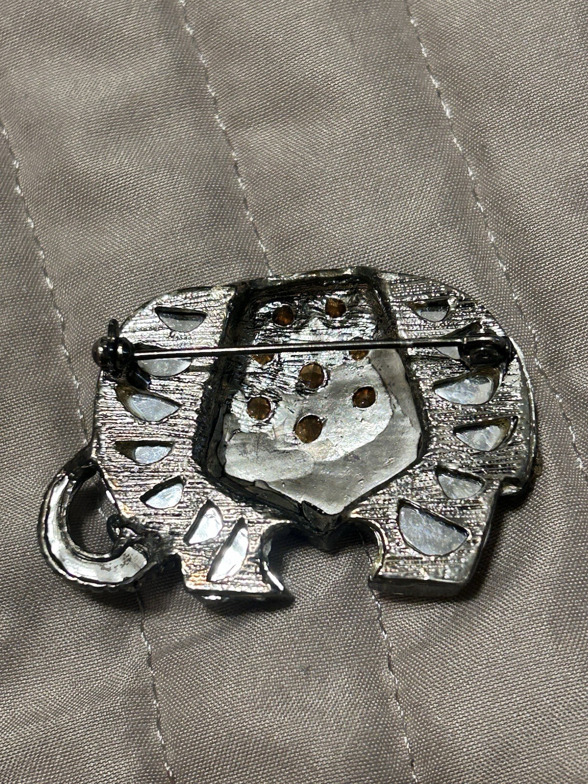Vintage Resin & Hammered Metal Elephant Brooch Pin Rhinestone Embellished