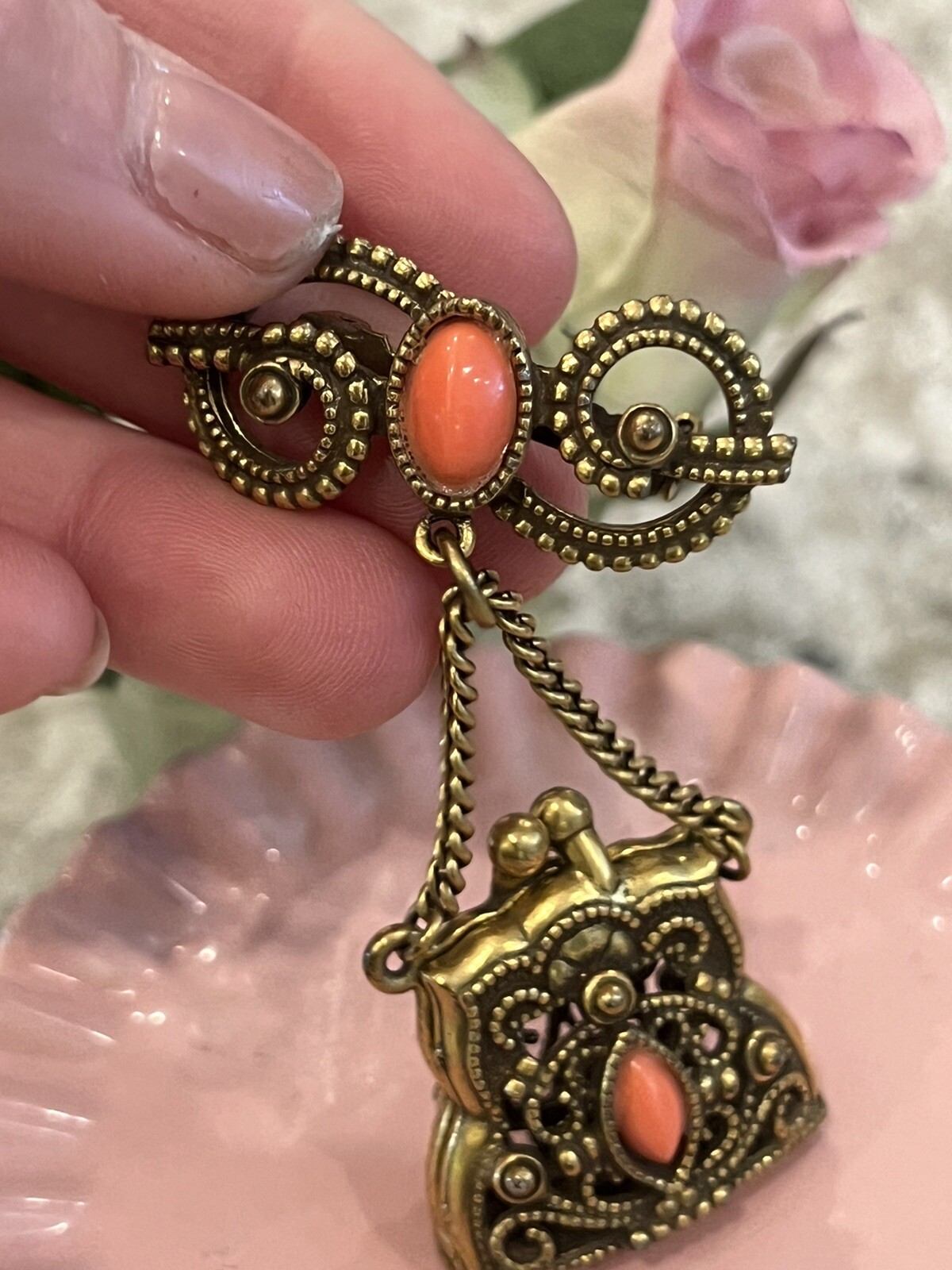 Pin Brooch Filigree Purse Coral Color Stone Dangle Pin