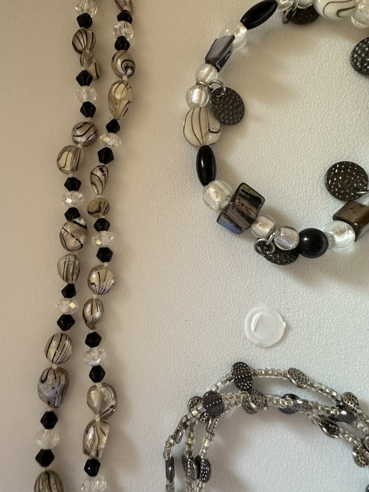 Vintage Black And Silver Glass Beaded Necklace 58” And 4 Stretch Bracelets
