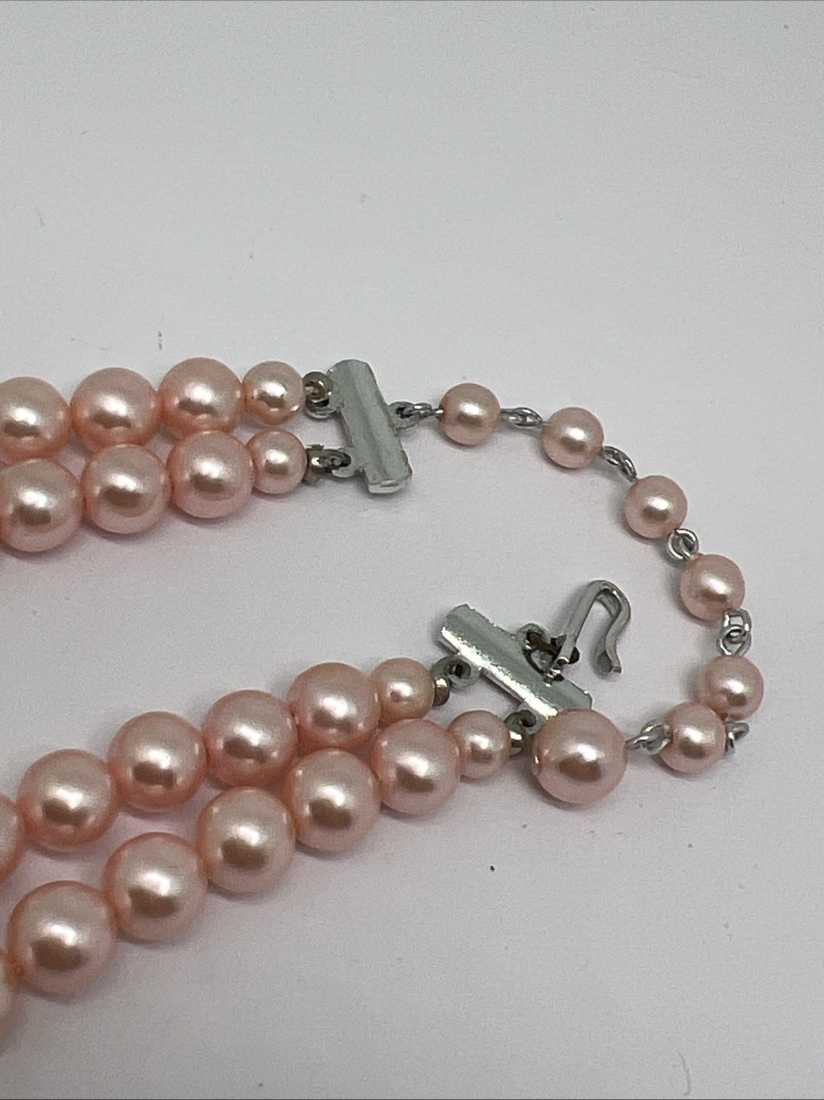 Vintage pink Faux Pearl 15”-17” Necklace Graduated Double Strand Signed Japan
