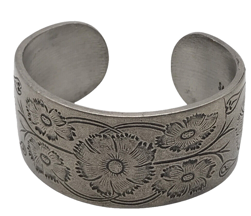 Vintage Salisbury Pewter October Cuff Floral Etched Bracelet