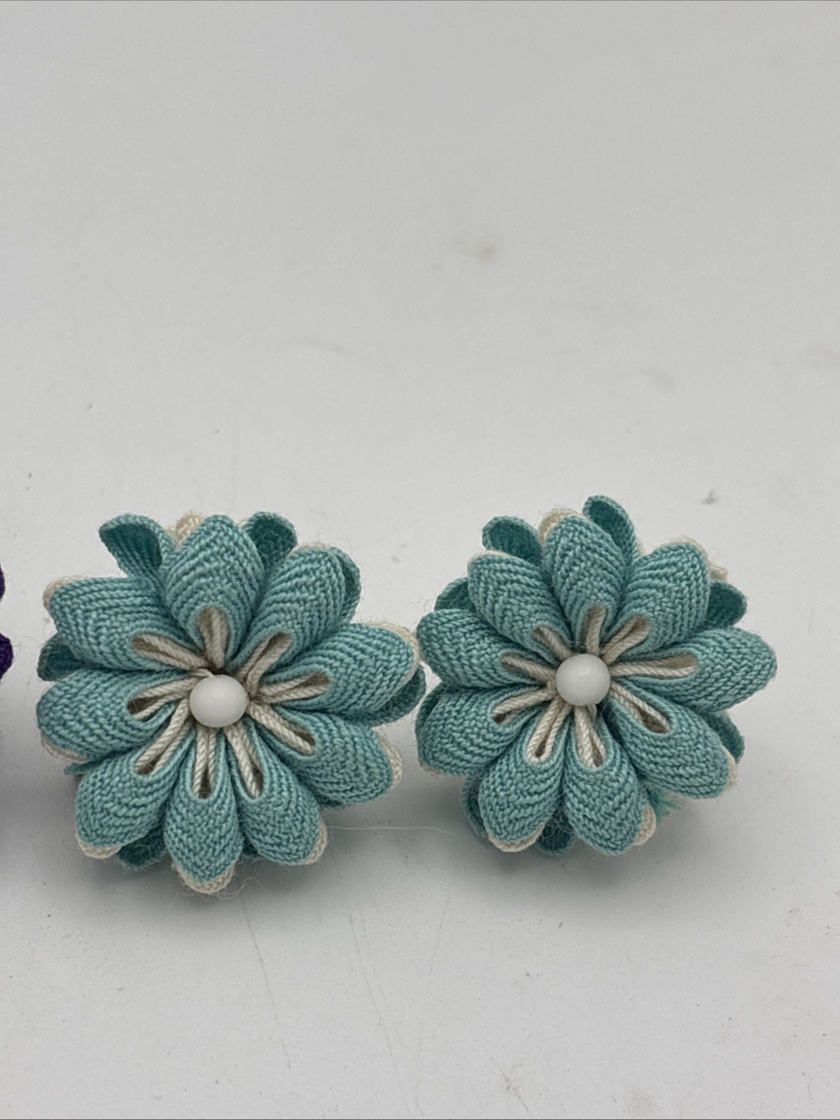 Vintage Earrings Blue & White Purple And White Ribbon Fabric Flower Screw Back