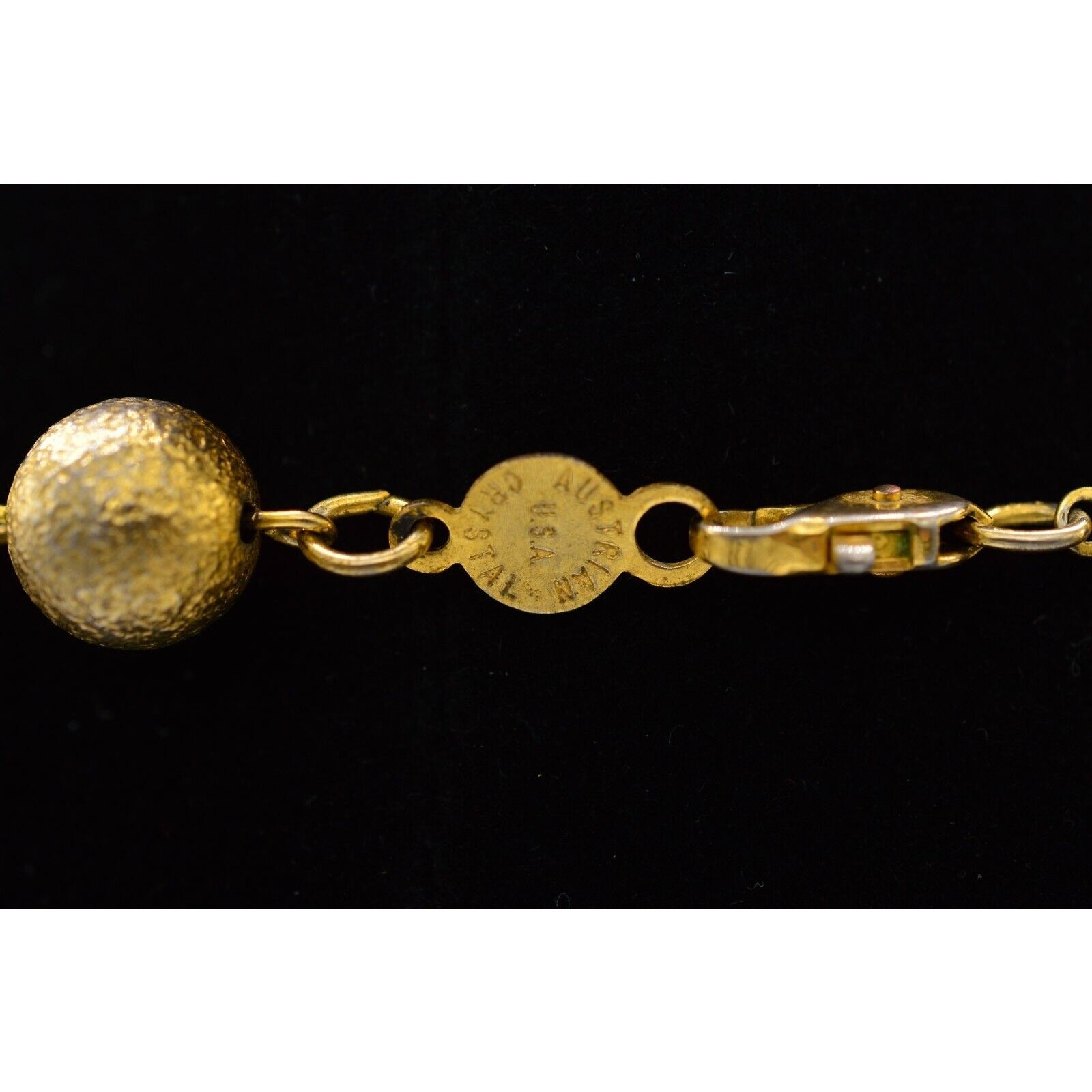 Austrian Crystal USA Vintage Necklace Black Open Bezel Gold Ball Signed 80s Bin8