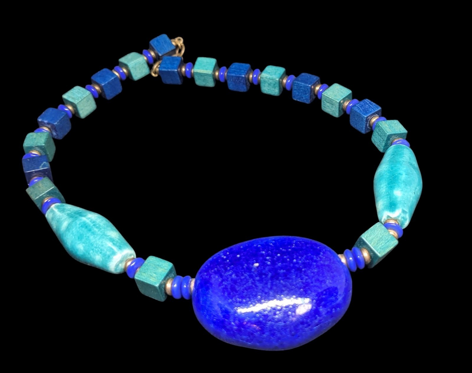 Vintage Miriam Haskell Blue Green Ceramic Wood Egyptian Revival Choker Necklace