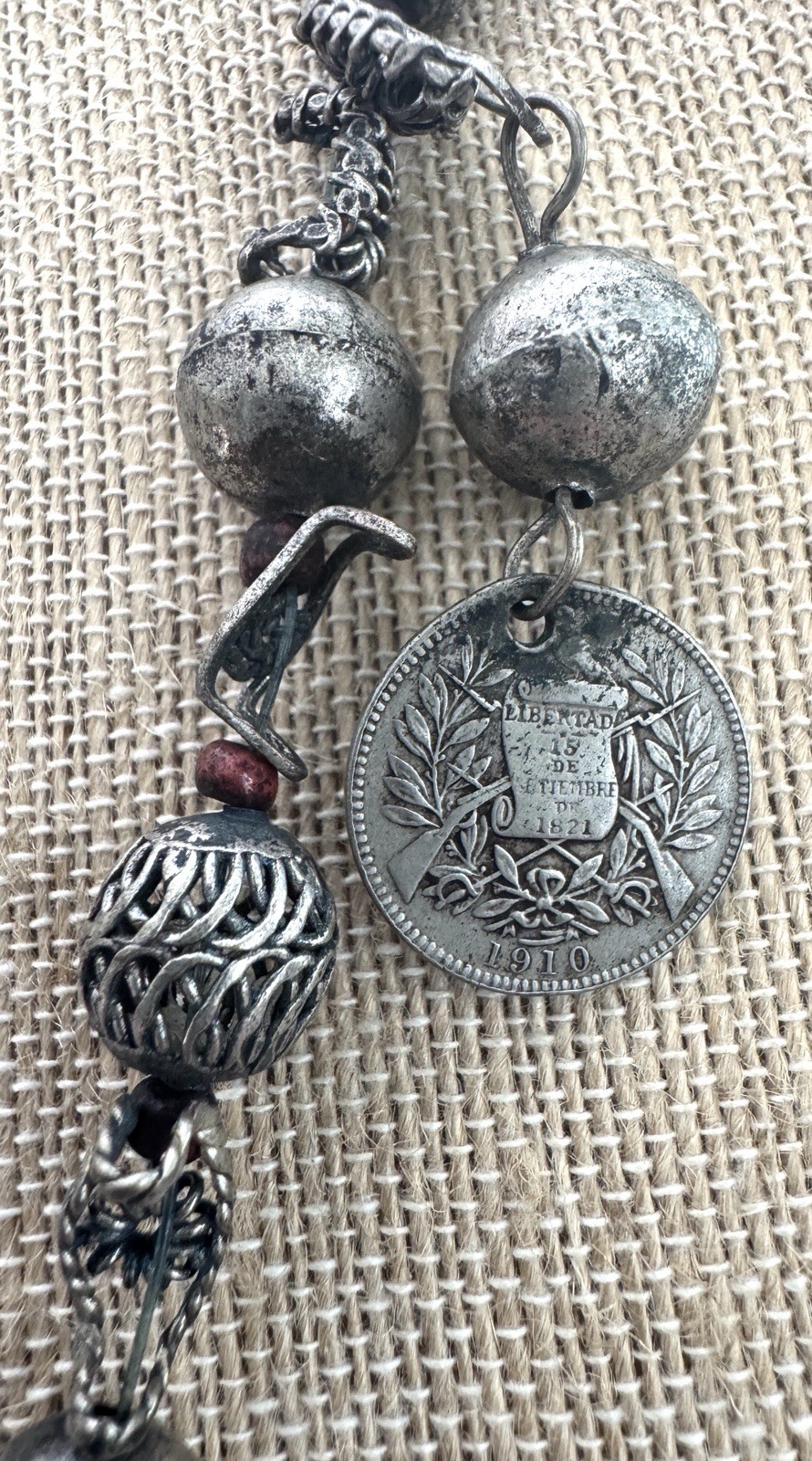 Vintage GUATEMALA 1894 Silver COIN NECKLACE Chachal MILAGROS Animal Charms Beads